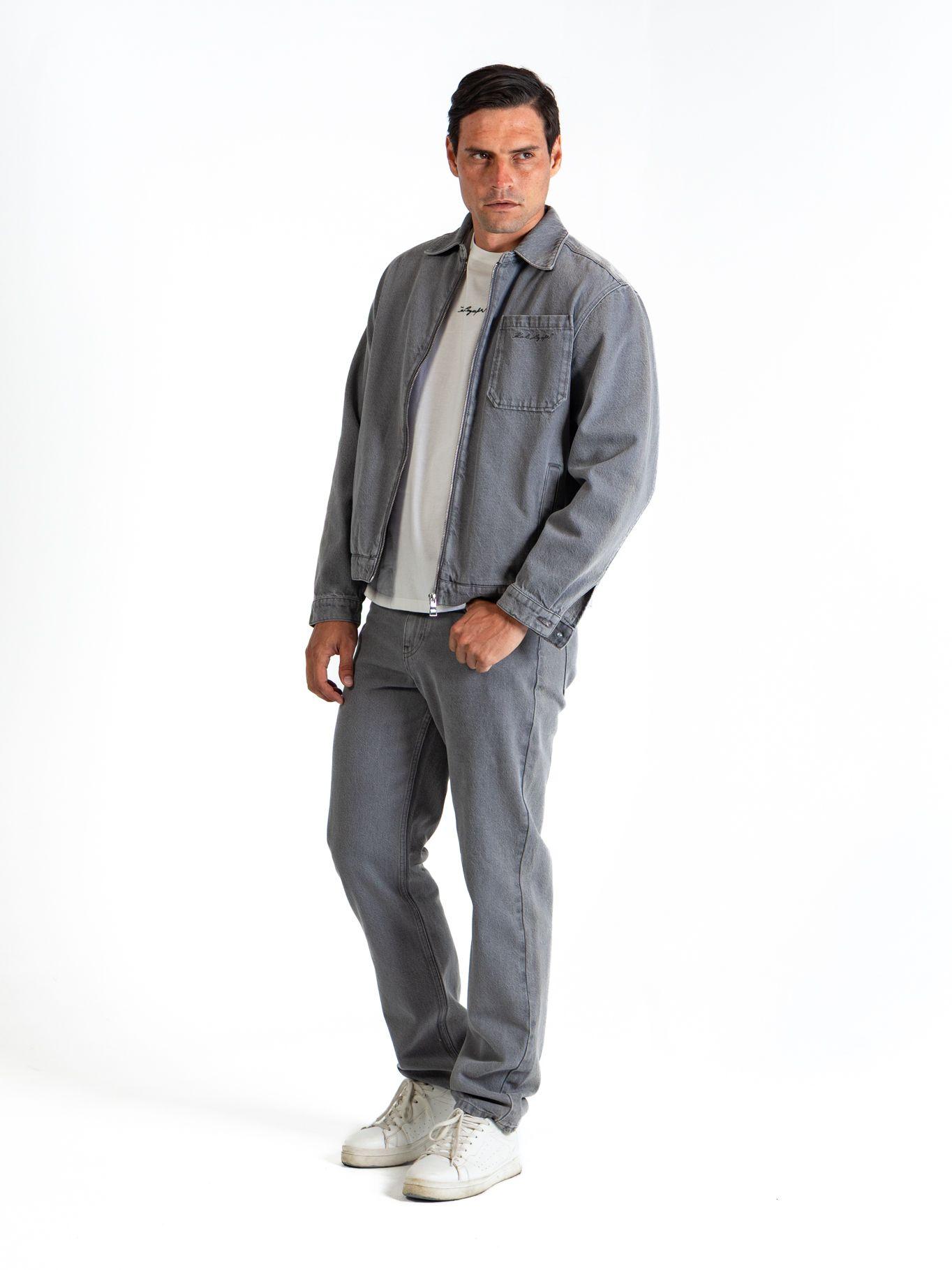 Chaqueta denim con bordado trasero circular Gris Karl-1