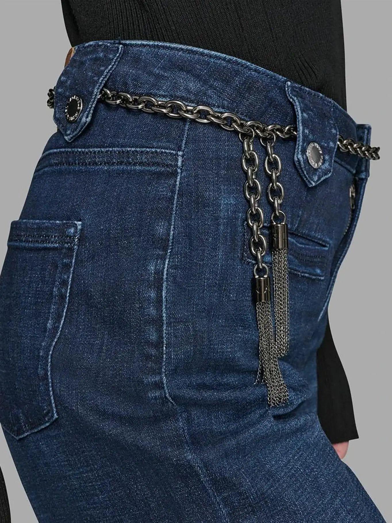 Jeans rectos acampanados con cinturón de cadena Azul-5