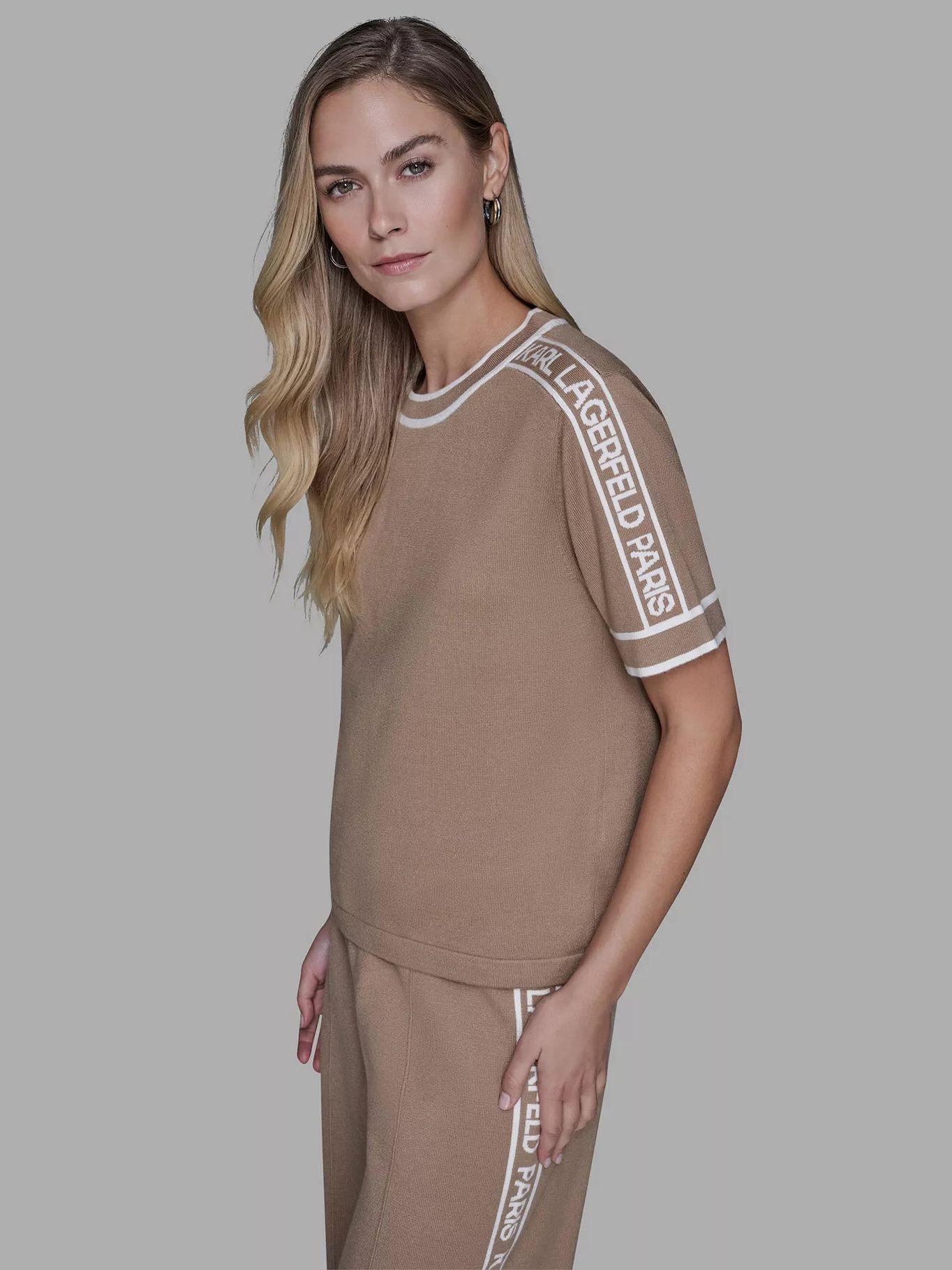 Sweater de cuello redondo con cinta de logo Beige Karl-4