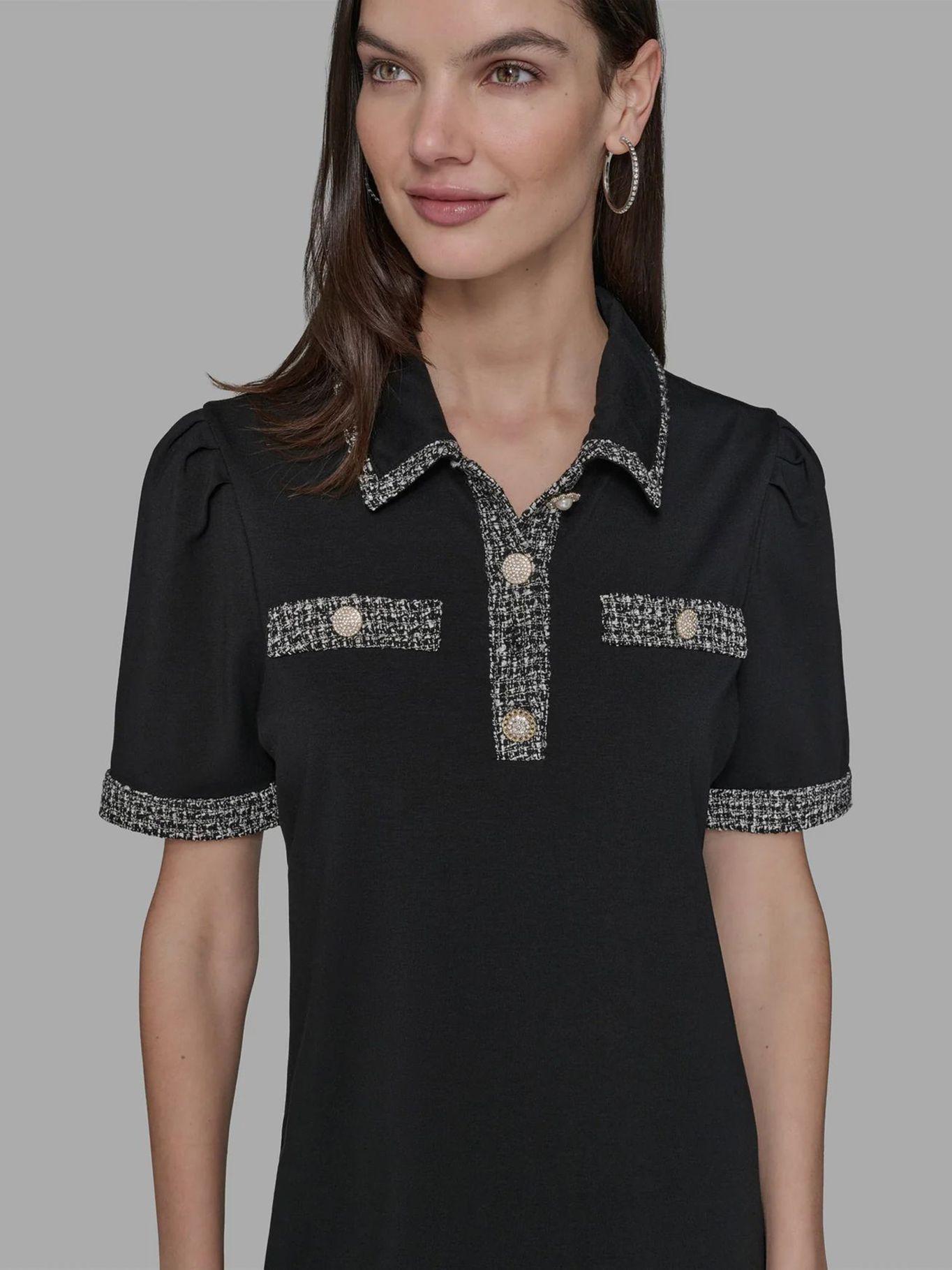 Vestido mangas abullonadas y cuello camisero Negro-4