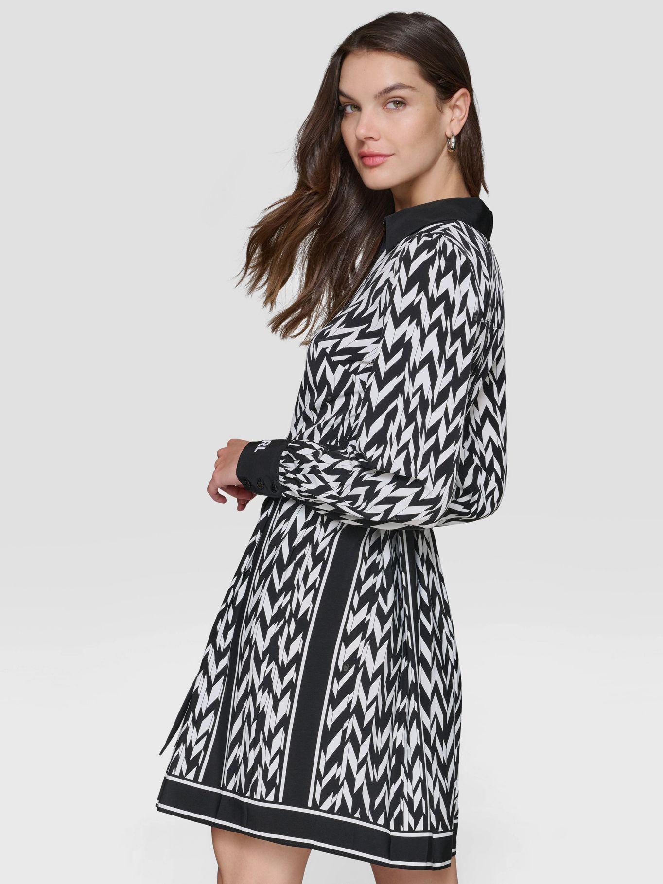 Vestido de manga larga con cinturón ajustable Negro Blanco-2