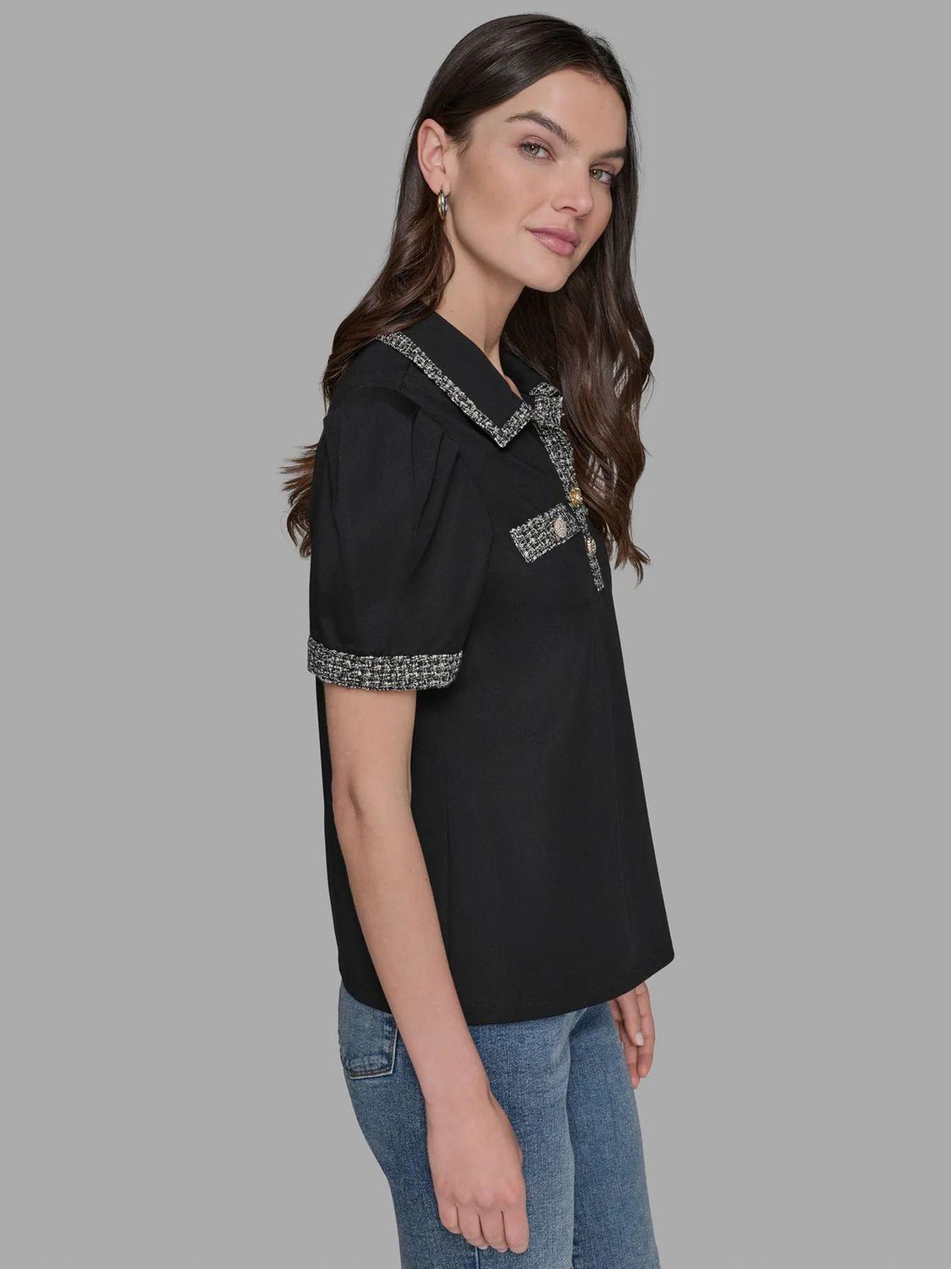 Top con mangas abullonadas y cuello camisero Negro-3