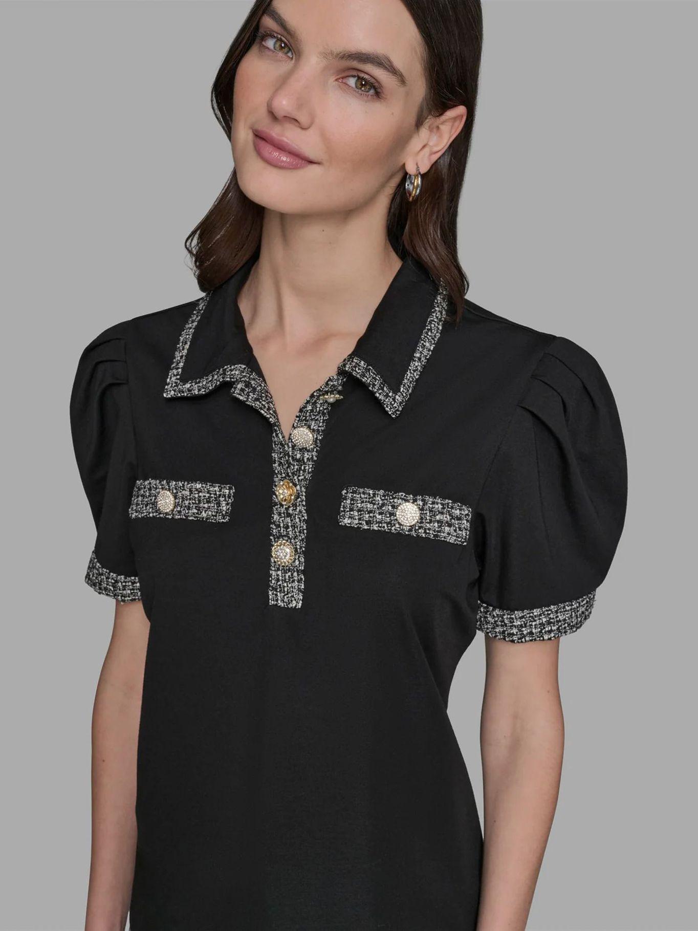 Top con mangas abullonadas y cuello camisero Negro-4