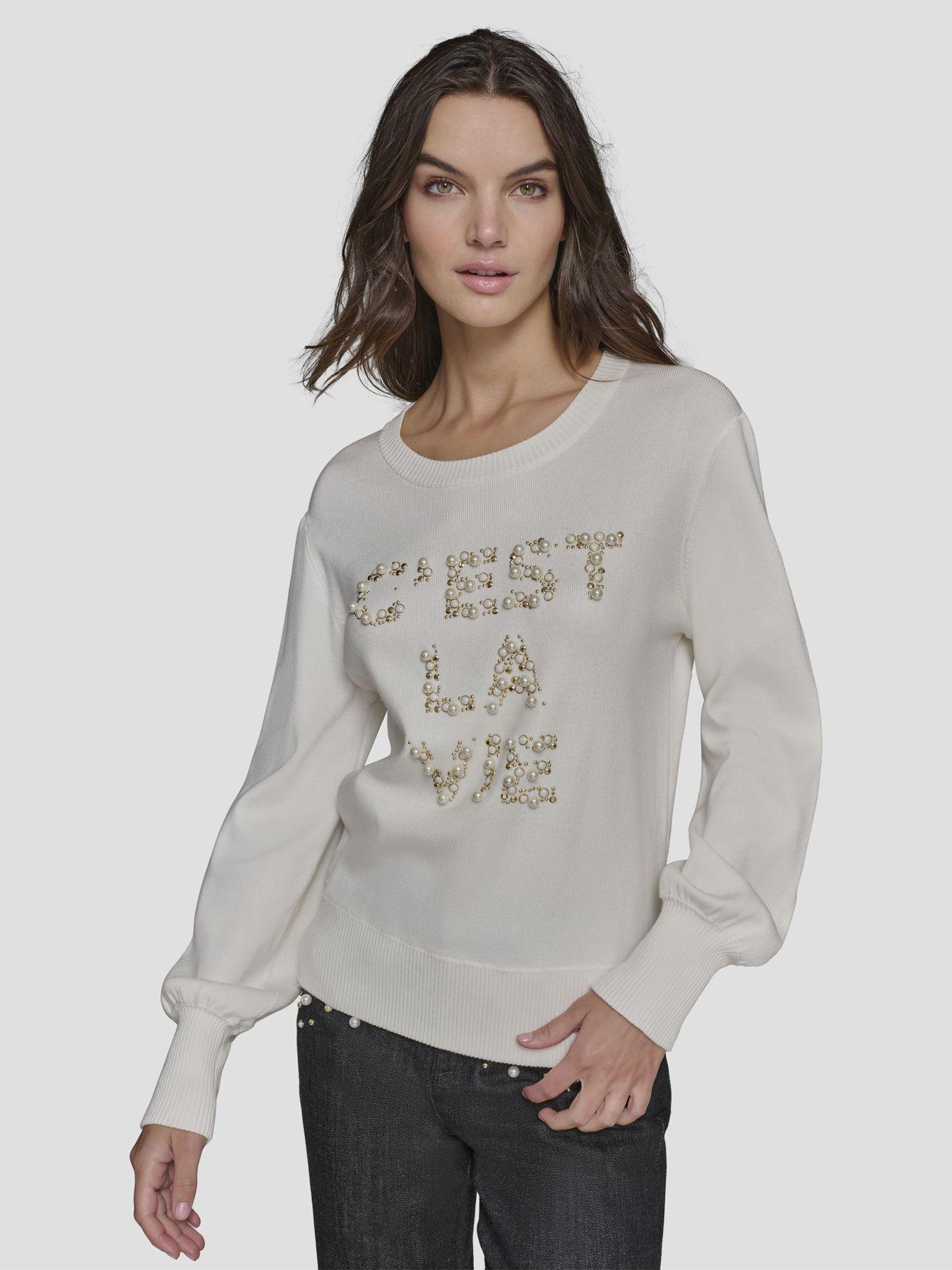 Sweater con adorno de perlas Blanco-0