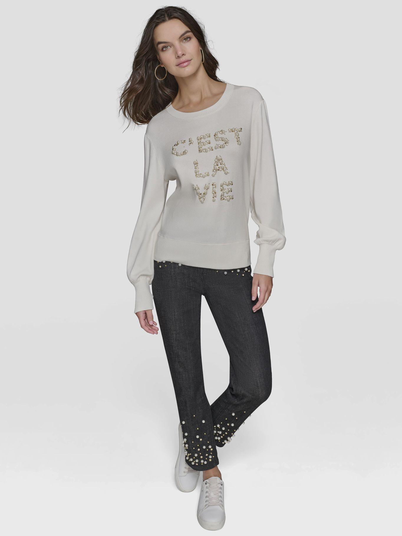Sweater con adorno de perlas Blanco-1
