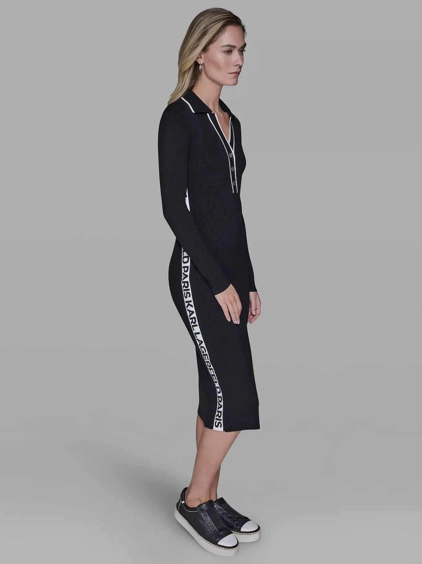 Vestido de punto con cuello en V Negro Karl Lagerfeld-3