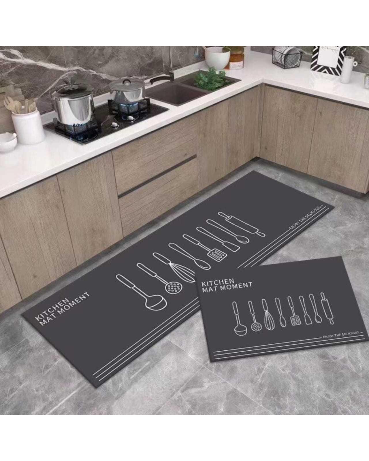 ALFOMBRA PARA COCINA SET DE 2 PEIZAS GRIS UTENCILIOS GU-043-1