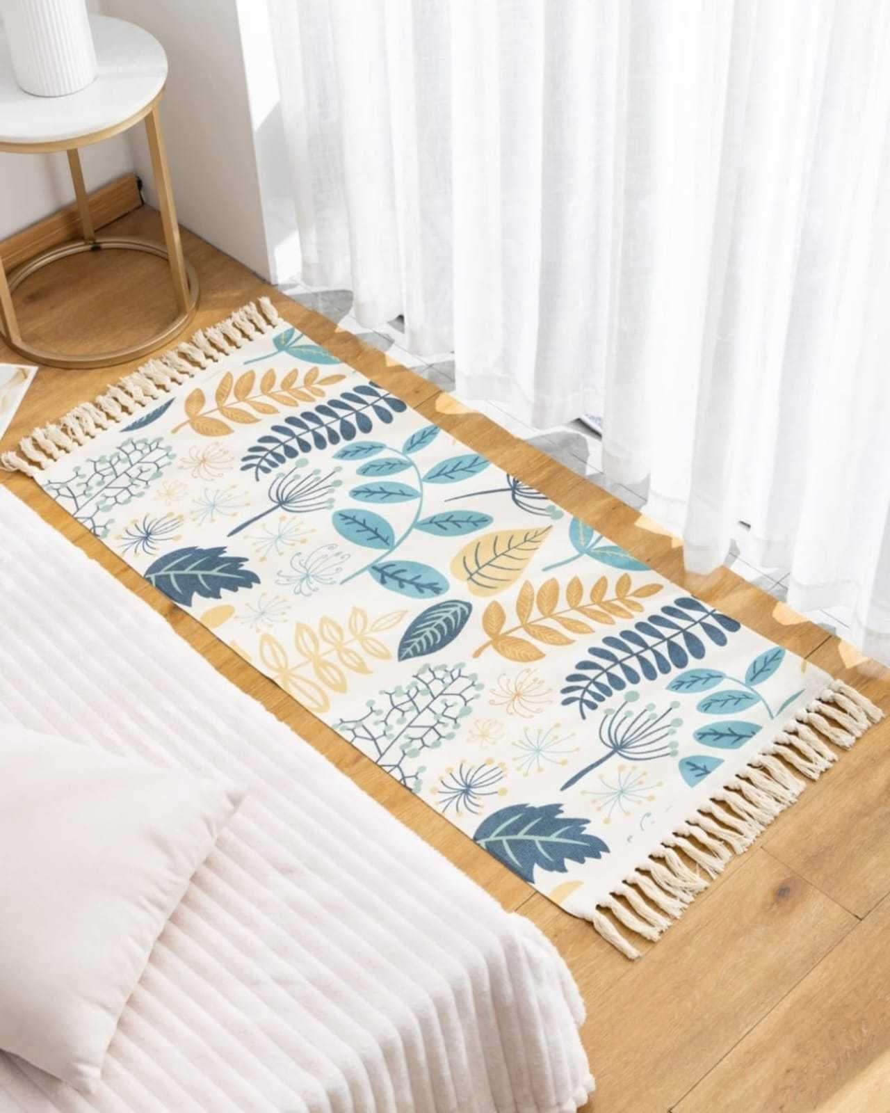 ALFOMBRA BOHO DECORATIVA 60CMX130CM HOJAS AZULES-NARANJA HAN-003-2