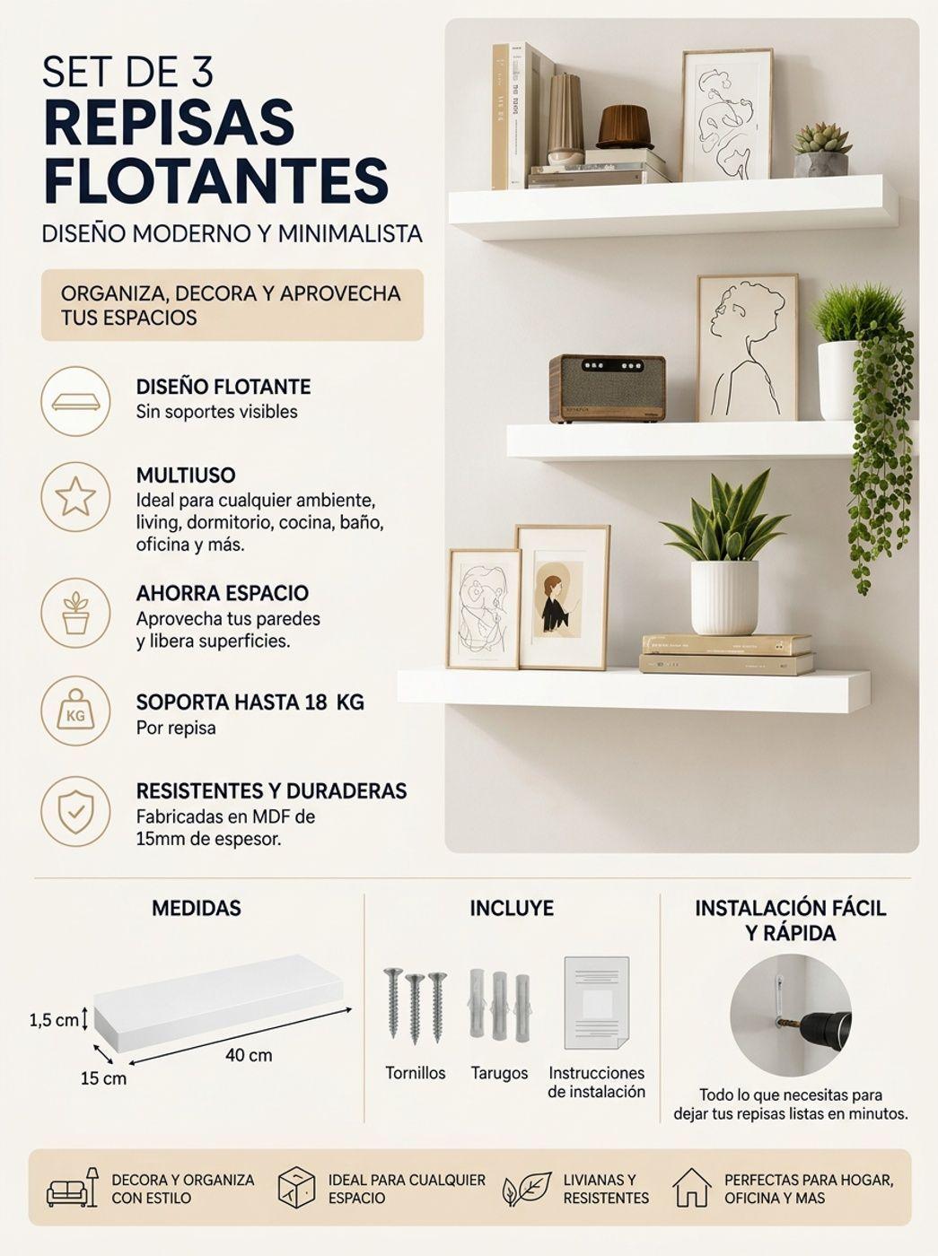 Repisas Flotantes Para Pared 40x15cm Moderno y Minimalista-4