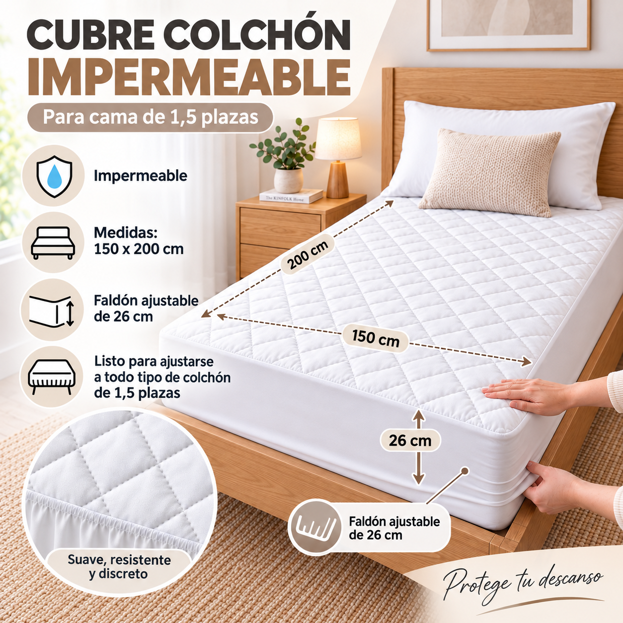 Protector de Colchón 1,5 Plazas 120 x 200 cm – Cubrecolchón Impermeable-2