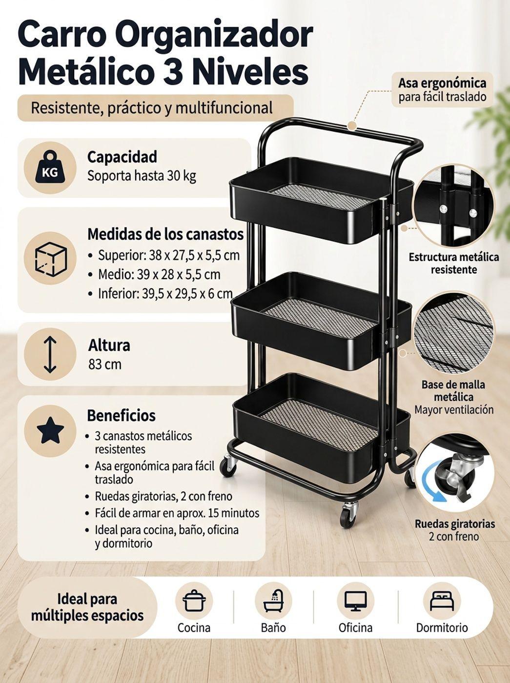 Carrito Organizador Metálico 3 Niveles Ruedas y Asa-4