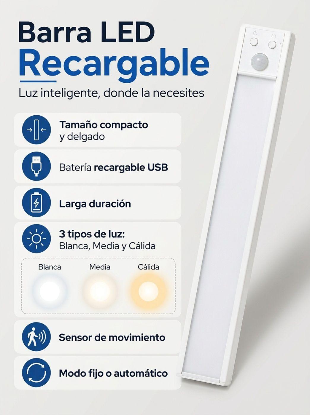 Set 2 Barras LED con Sensor Movimiento 30cm Recargable USB-3