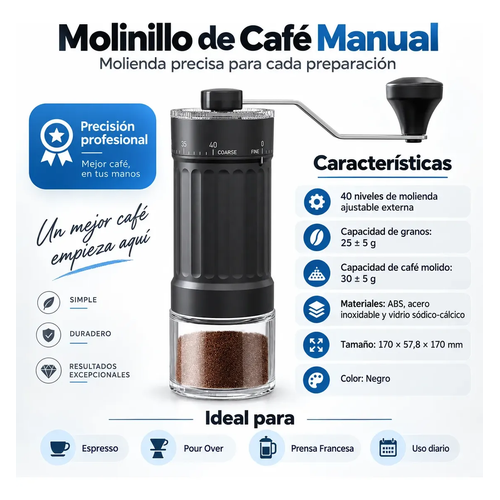 Molinillo de Café Manual con 40 Niveles de Molienda – Muelas Cónicas de Cerámica-2