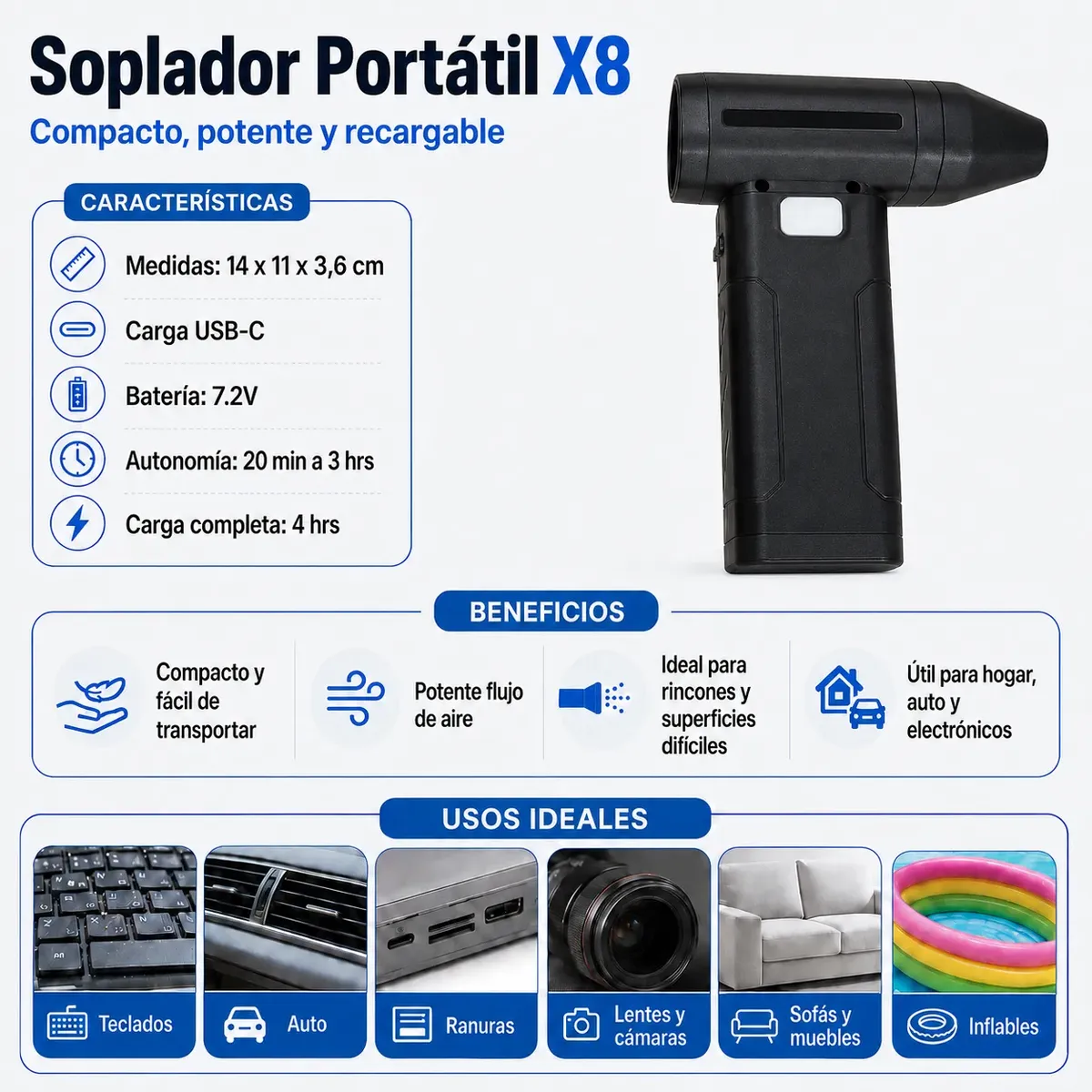 Soplador de Aire USB Portátil Recargable 6 Velocidades-5