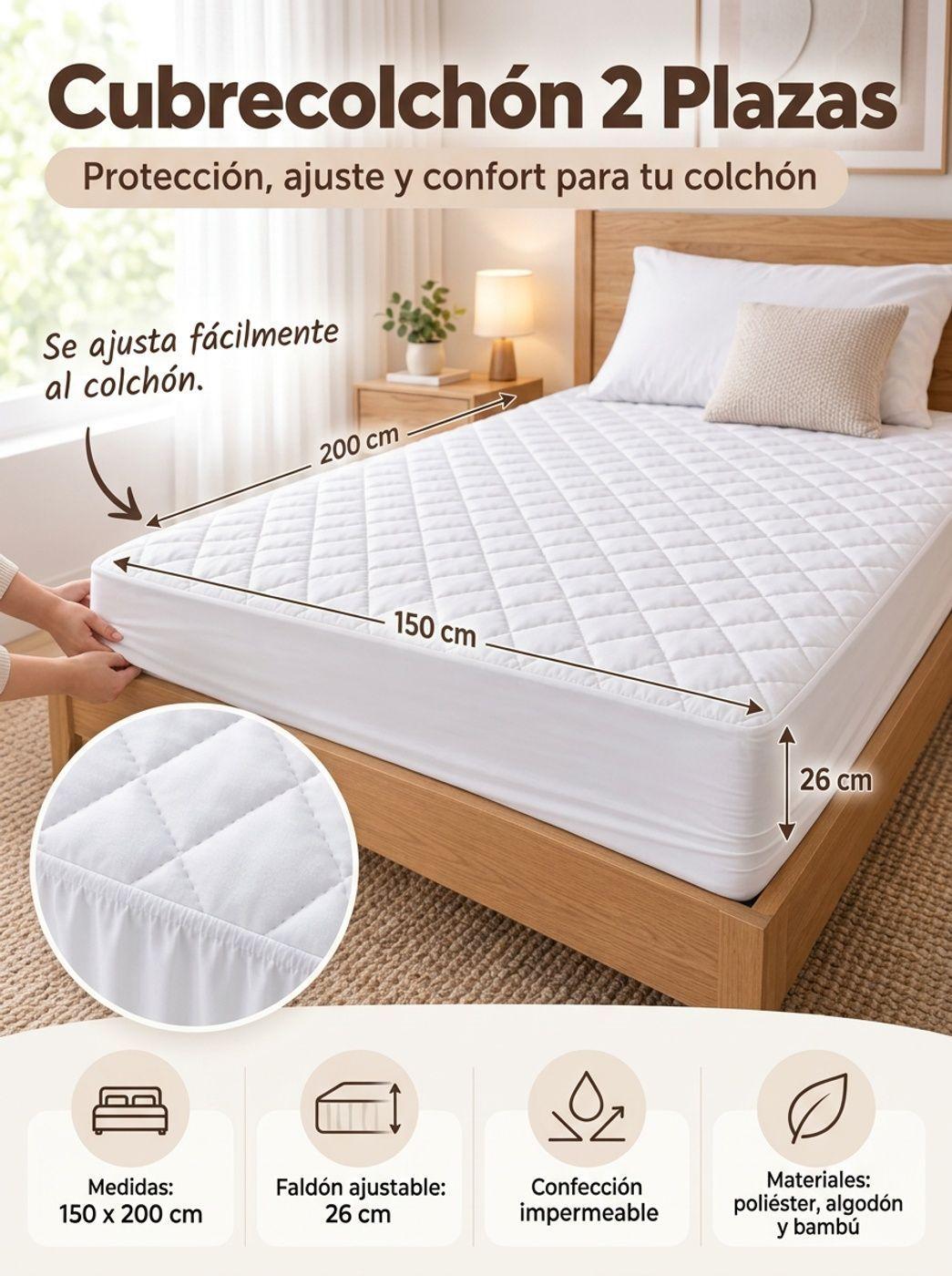 Cubrecolchon Impermeable 2 Plazas 150x200cm Bambú-3