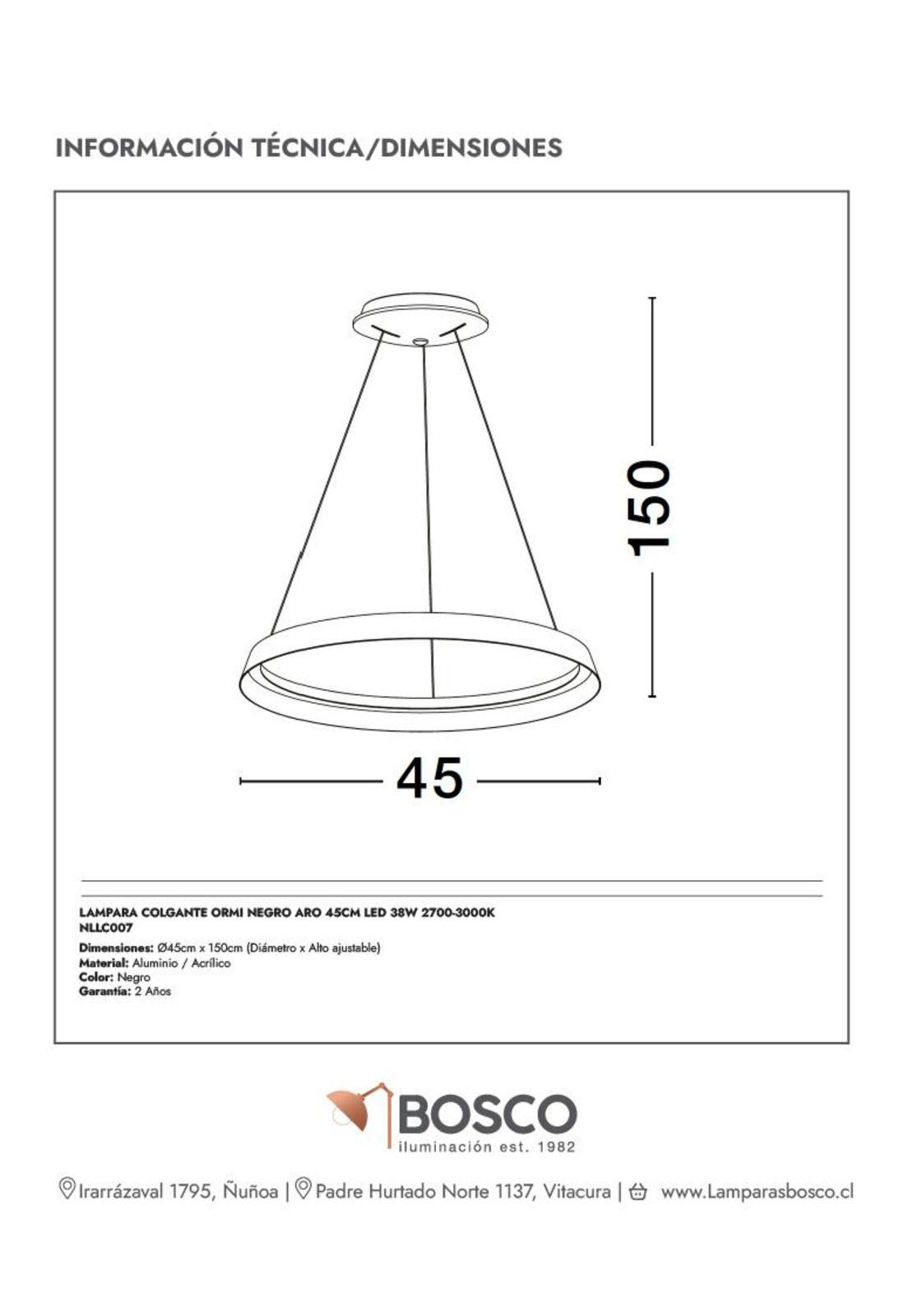 LAMPARA COLGANTE ORMI NEGRO ARO 45CM LED 38W 2700-3000K-4
