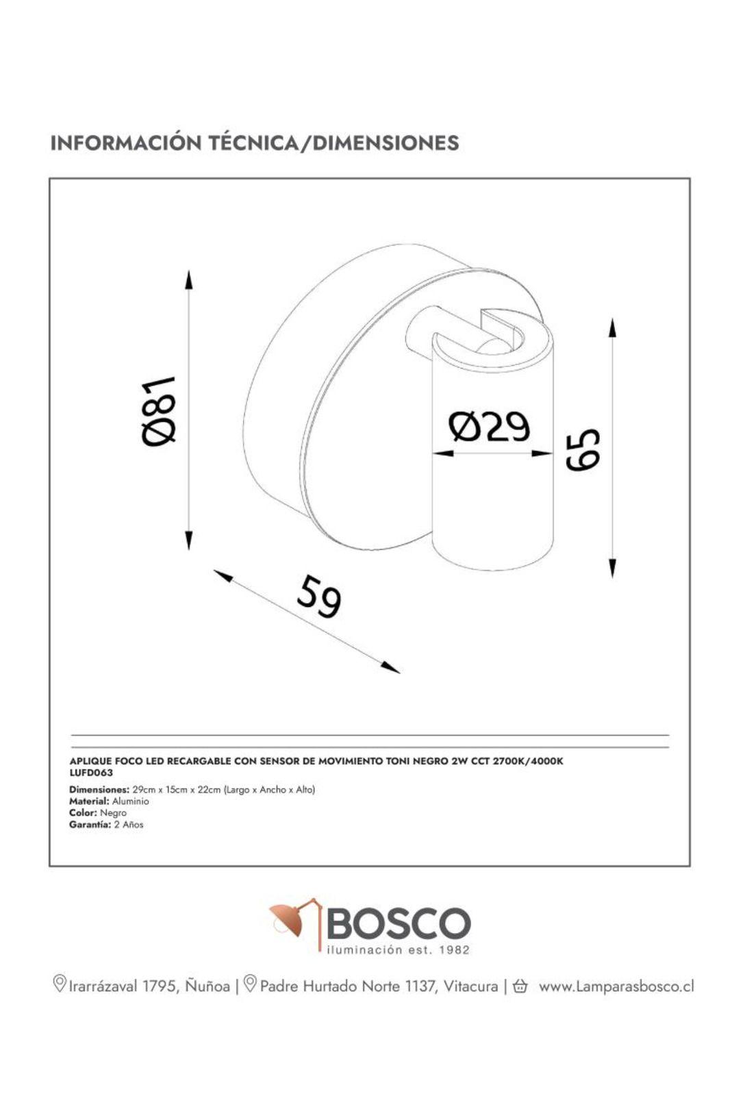 APLIQUE FOCO LED RECARGABLE CON SENSOR DE MOVIMIENTO TONI NEGRO 2W CCT 2700K/4000K-6