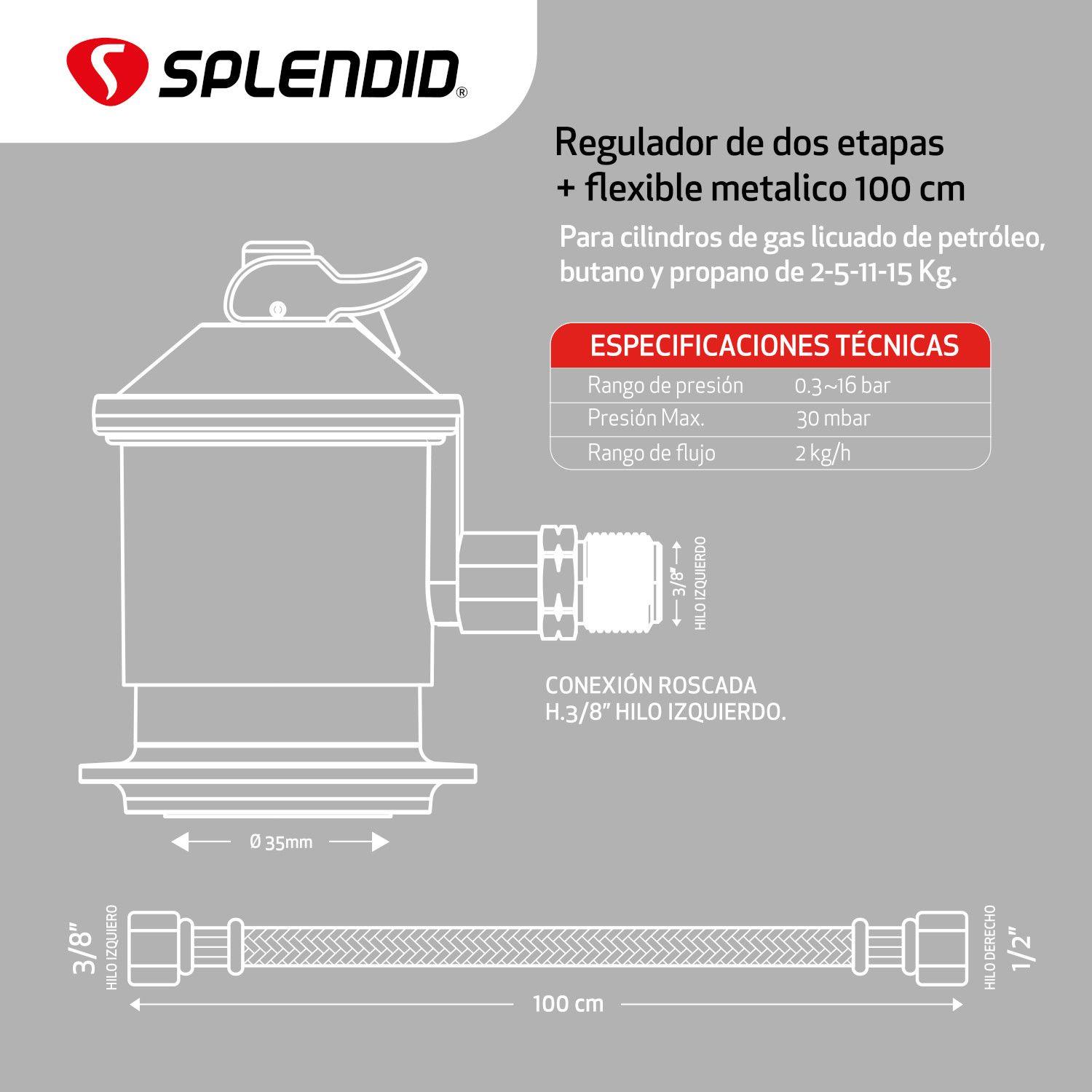 Regulador de Gas Licuado Splendid de 5-11-15kg Con Flexible-2