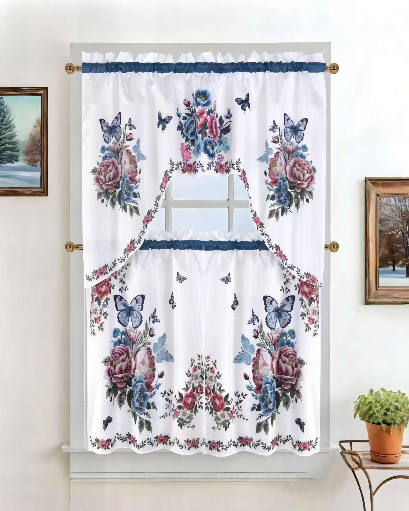 PACK DE CORTINA 3 PIEZAS PARA COCINA CON DISEÑO COLOR BLANCO CON DETALLES EN AZUL-2