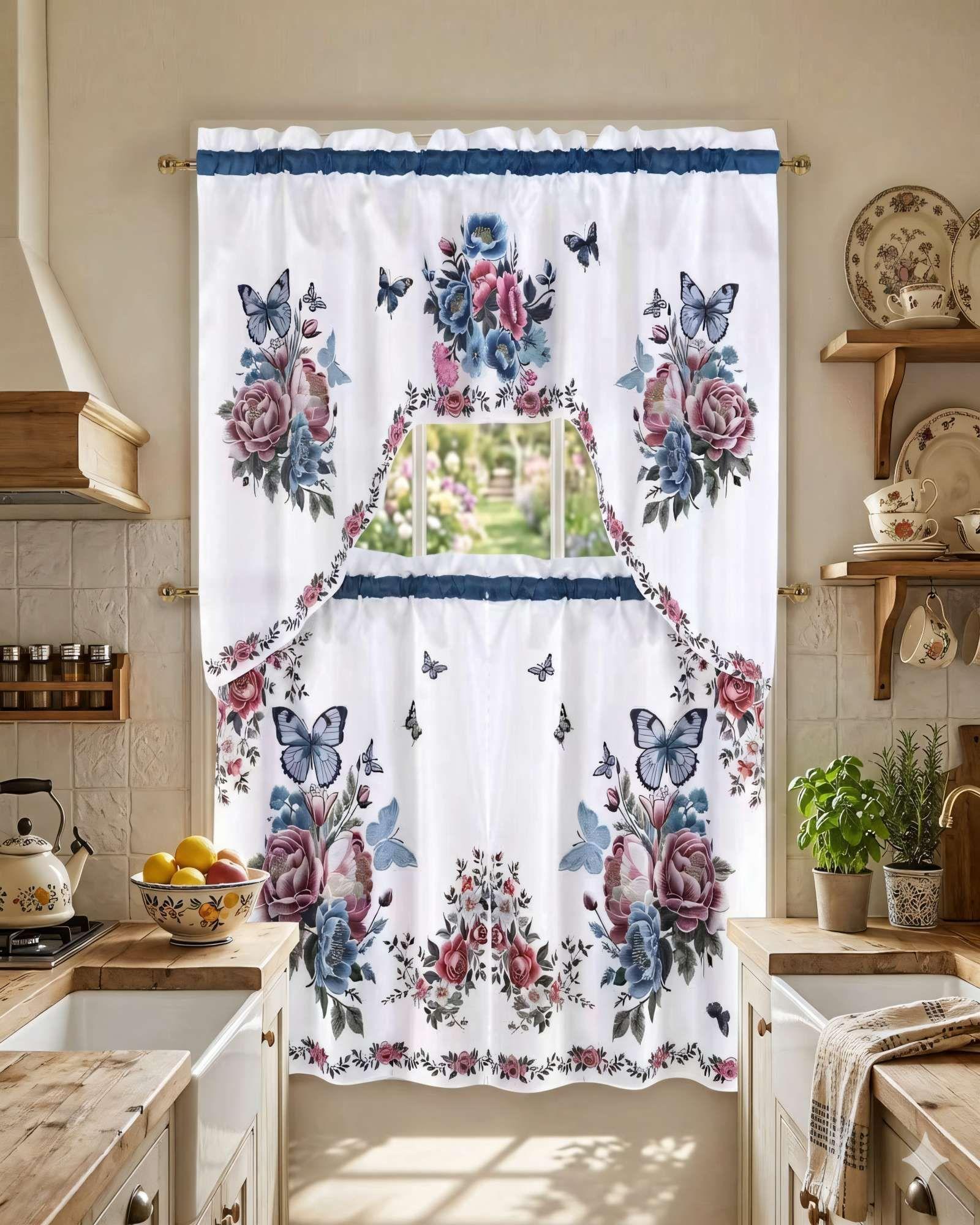 PACK DE CORTINA 3 PIEZAS PARA COCINA CON DISEÑO COLOR BLANCO CON DETALLES EN AZUL-3