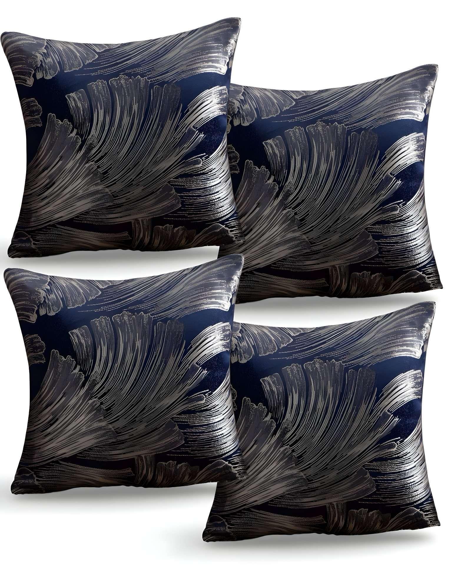 SET DE 4 FUNDAS DE COJINES SATIN DISEÑO HOJAS 45CM X 45 CM AZUL-2