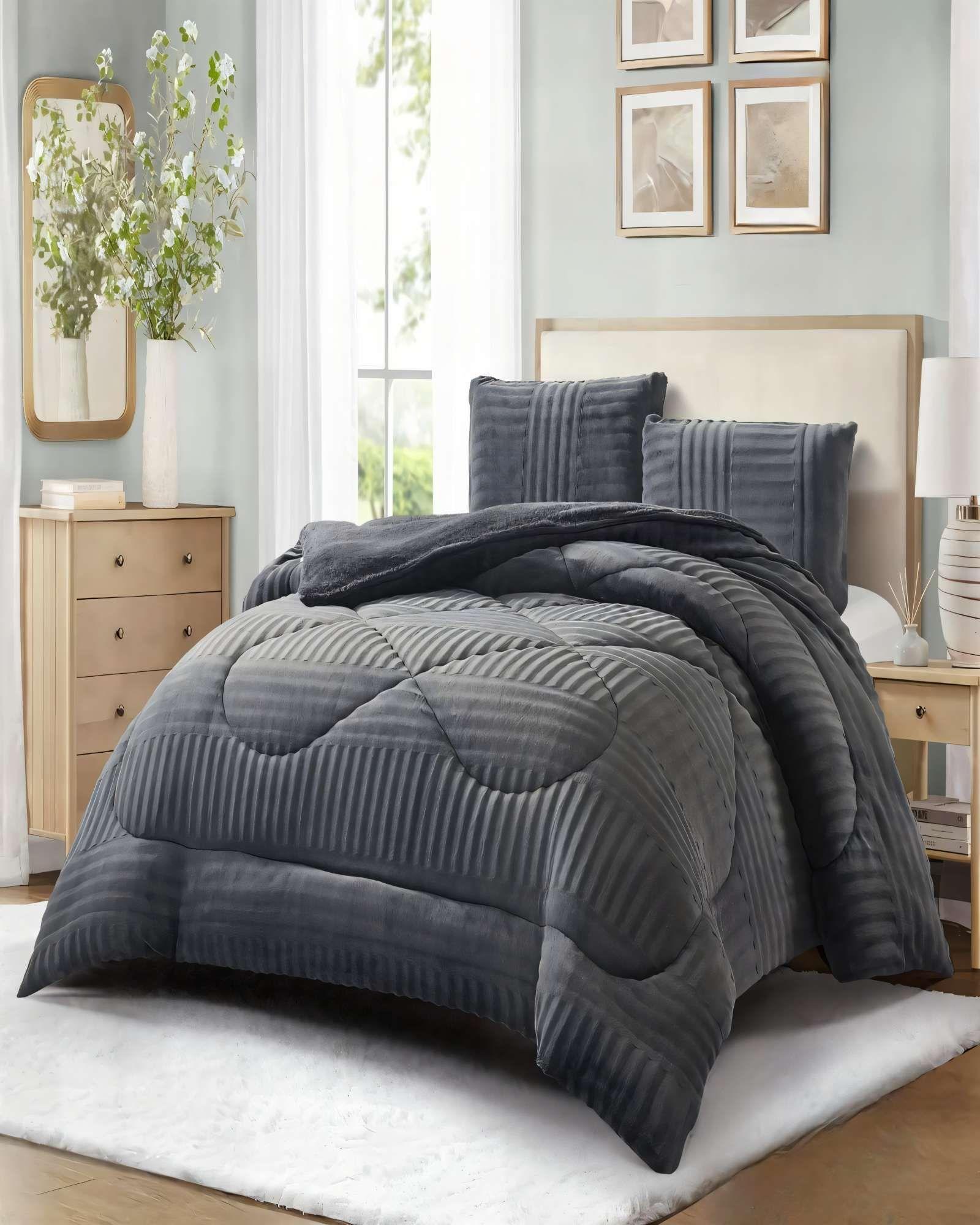 COBERTOR DE PELUDOS LECHE CON TEXTURA  PLAZA Y MEDIA COLOR GRIS OSCURO -2