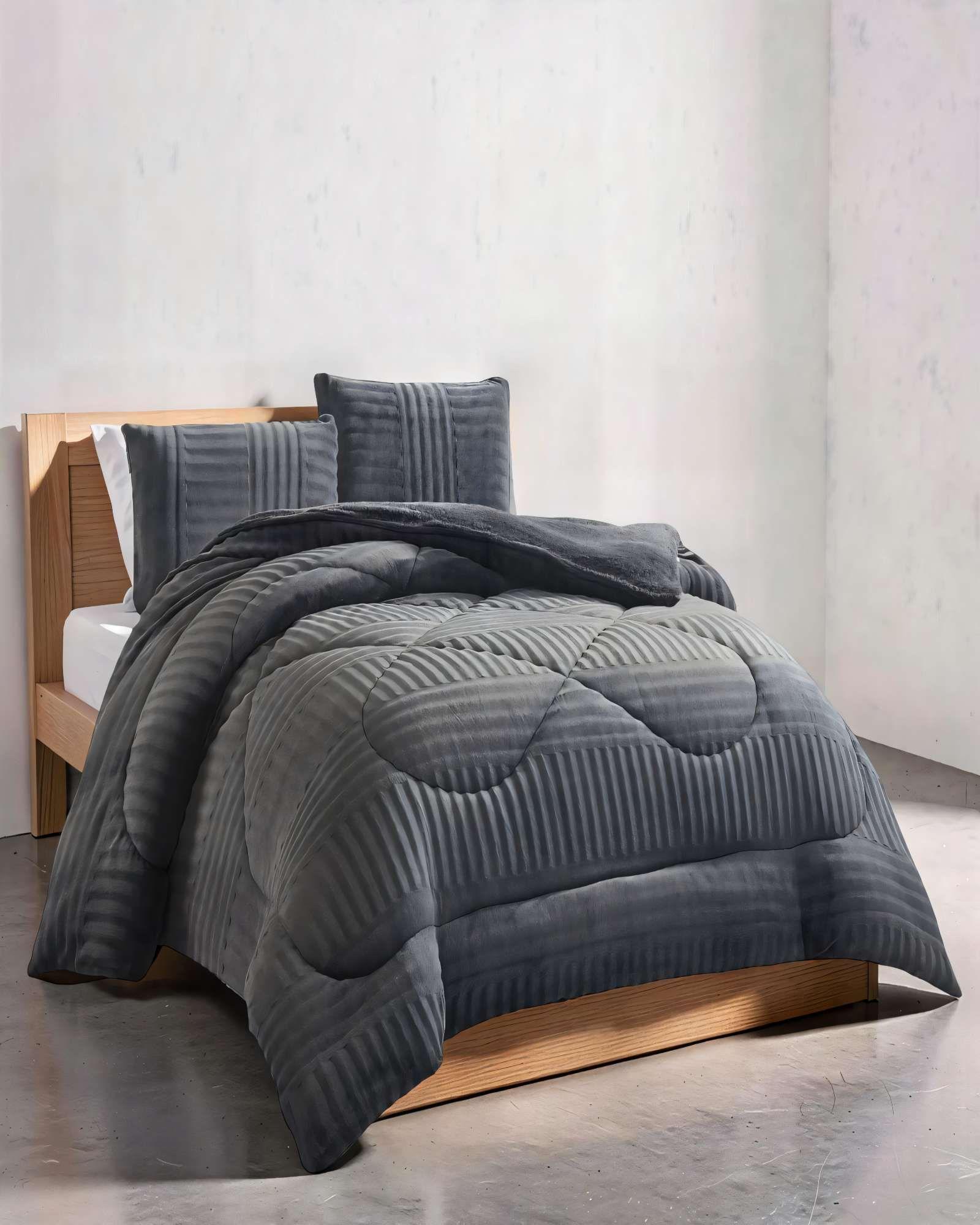 COBERTOR DE PELUDOS LECHE CON TEXTURA  PLAZA Y MEDIA COLOR GRIS OSCURO -3