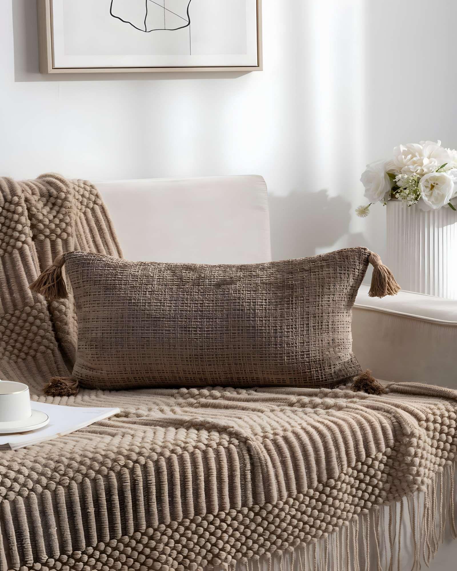 PACK DE 4 FUNDAS DE COJIN CHENILLE CON BORLAS 30X50 CAFÉ-3