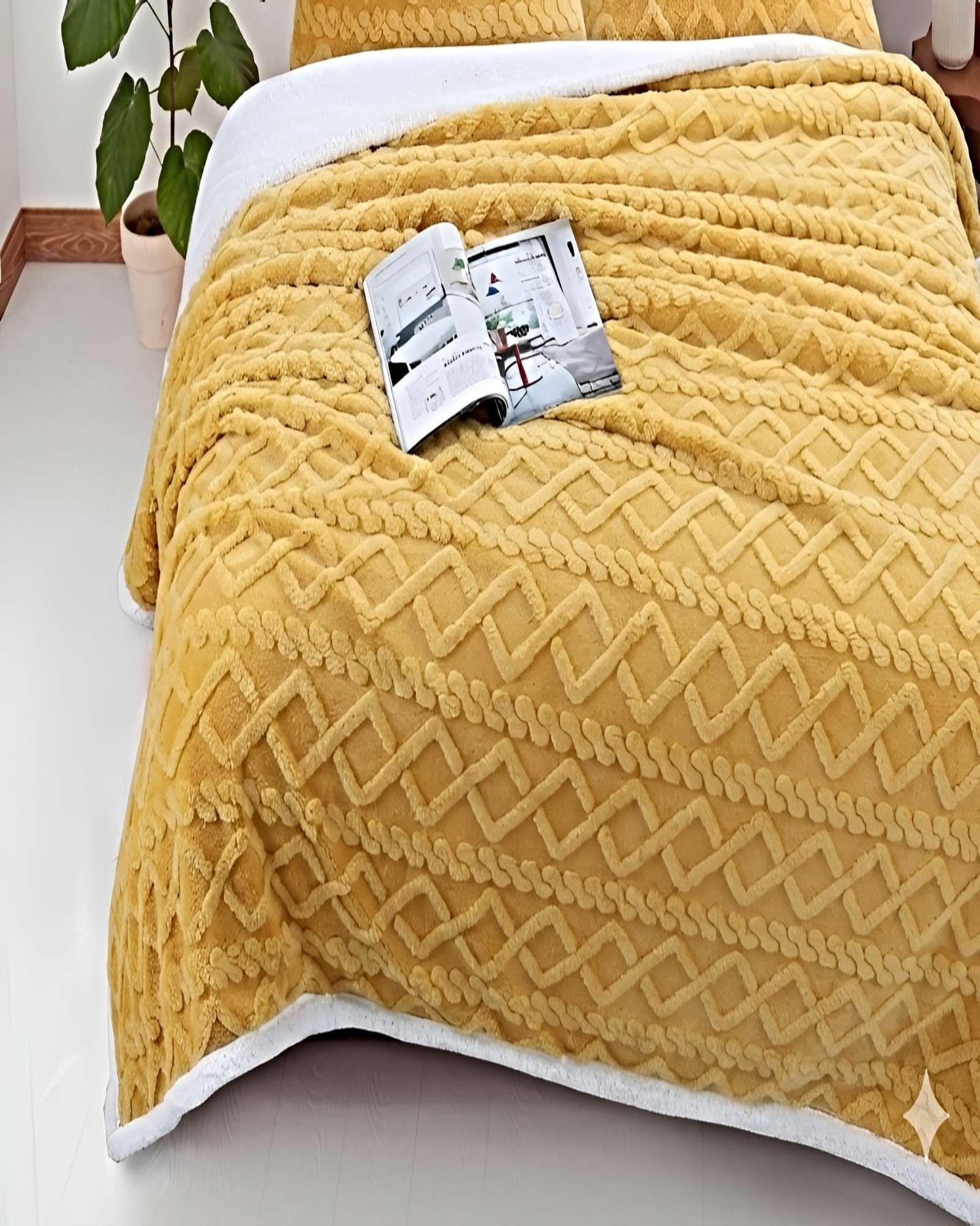 FRAZADA CON SHERPA TEXTURIZADA TEXTURIZADA PLAZA Y MEDIA AMARILLO-2