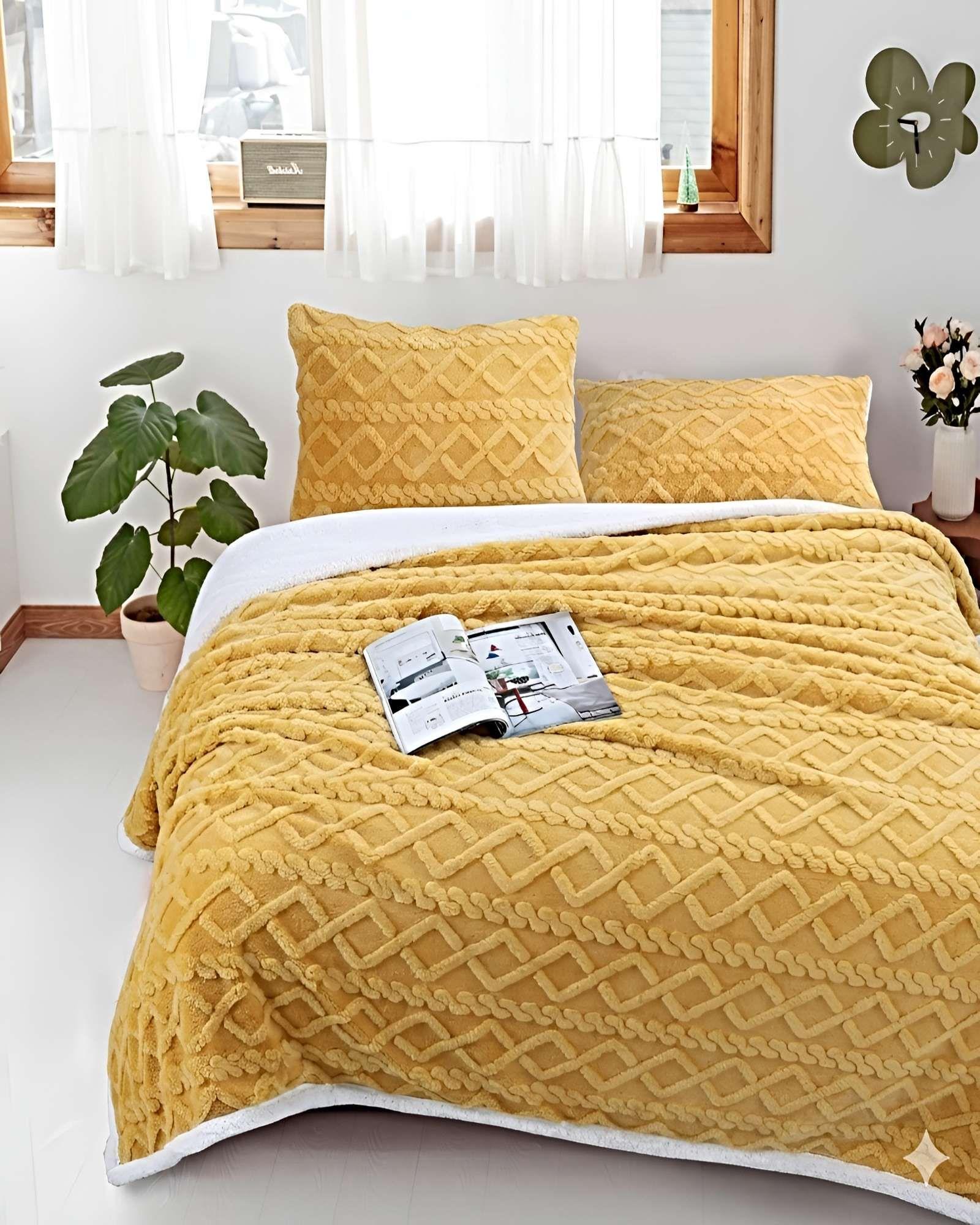 FRAZADA CON SHERPA TEXTURIZADA TEXTURIZADA PLAZA Y MEDIA AMARILLO-3