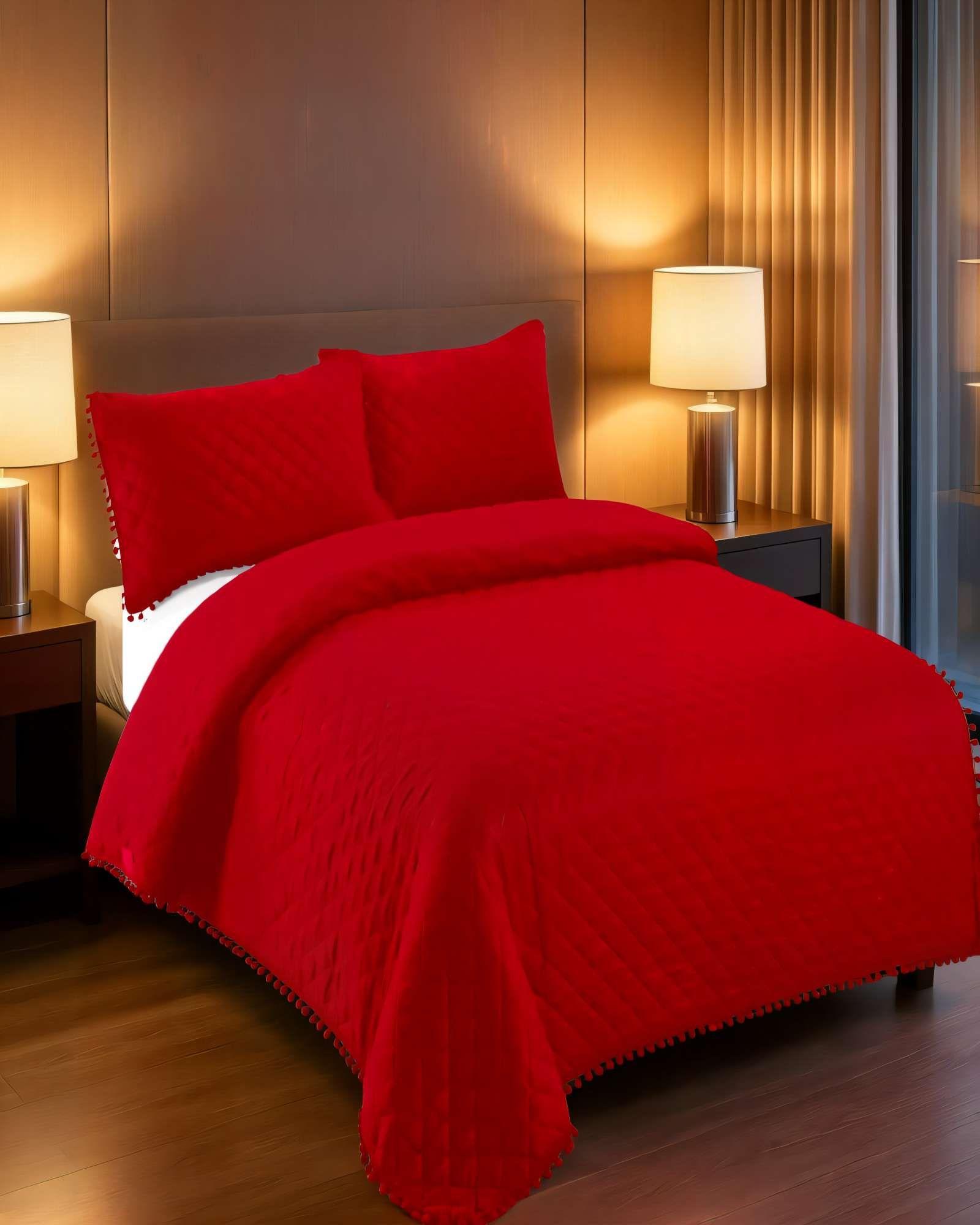 QUILT CUBRECAMA DE VERANO 1,5 PLAZAS CON POMPON COLOR ROJO-2