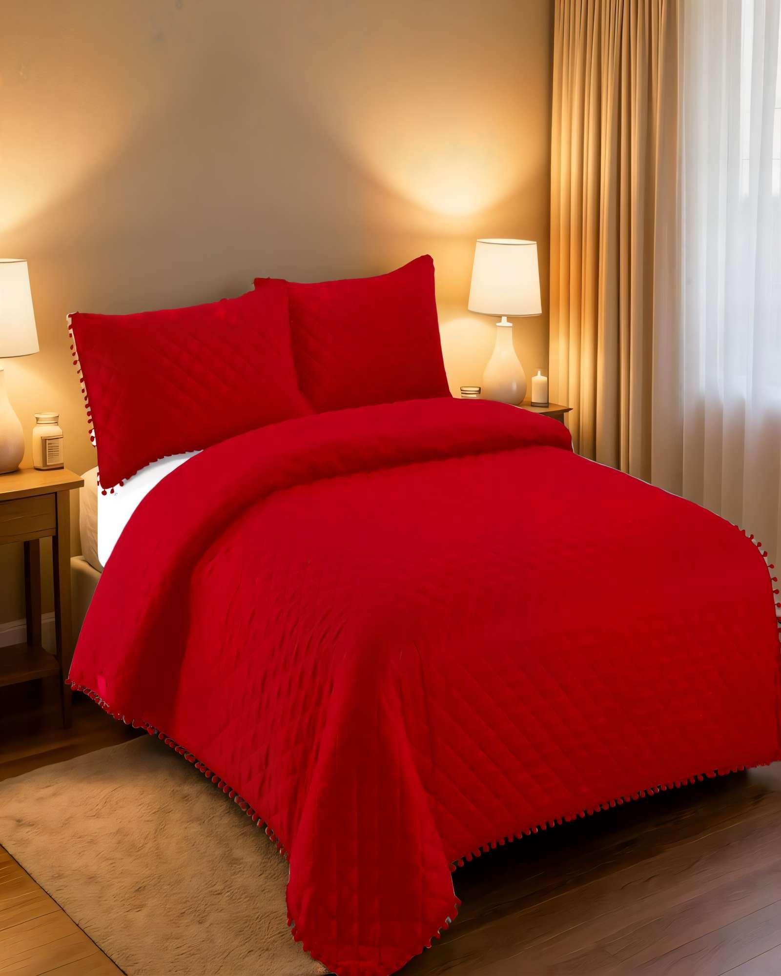 QUILT CUBRECAMA DE VERANO 1,5 PLAZAS CON POMPON COLOR ROJO-3