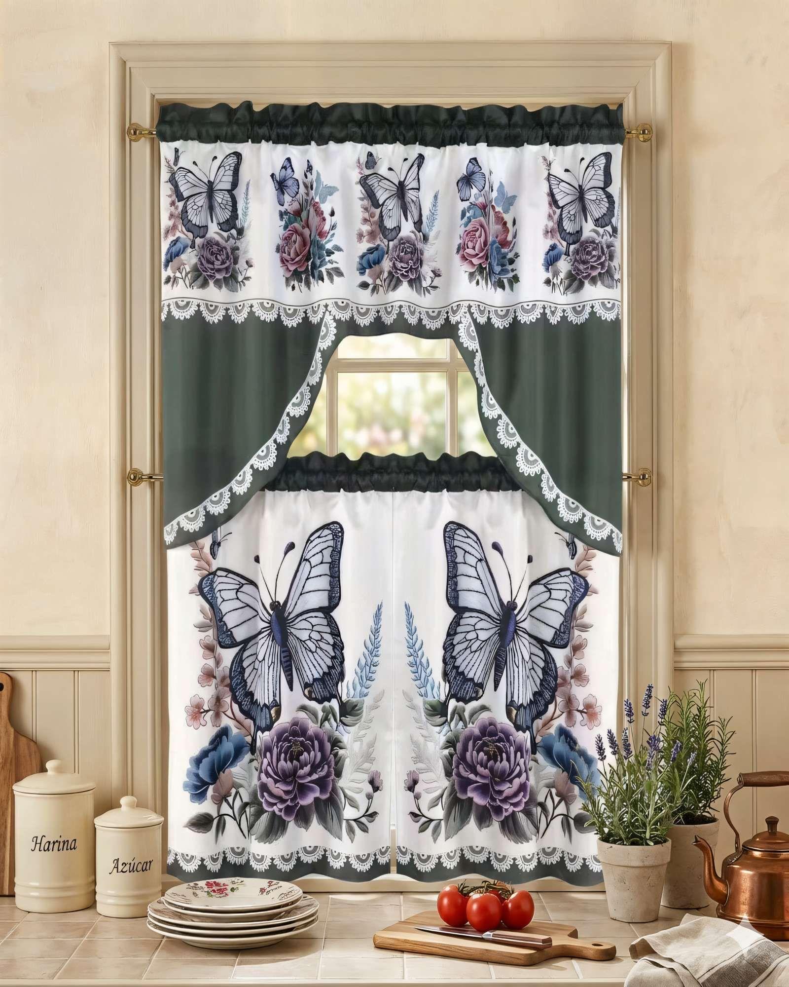 PACK DE CORTINA 3 PIEZAS PARA COCINA CON DISEÑO COLOR BLANCO CON VERDE-3