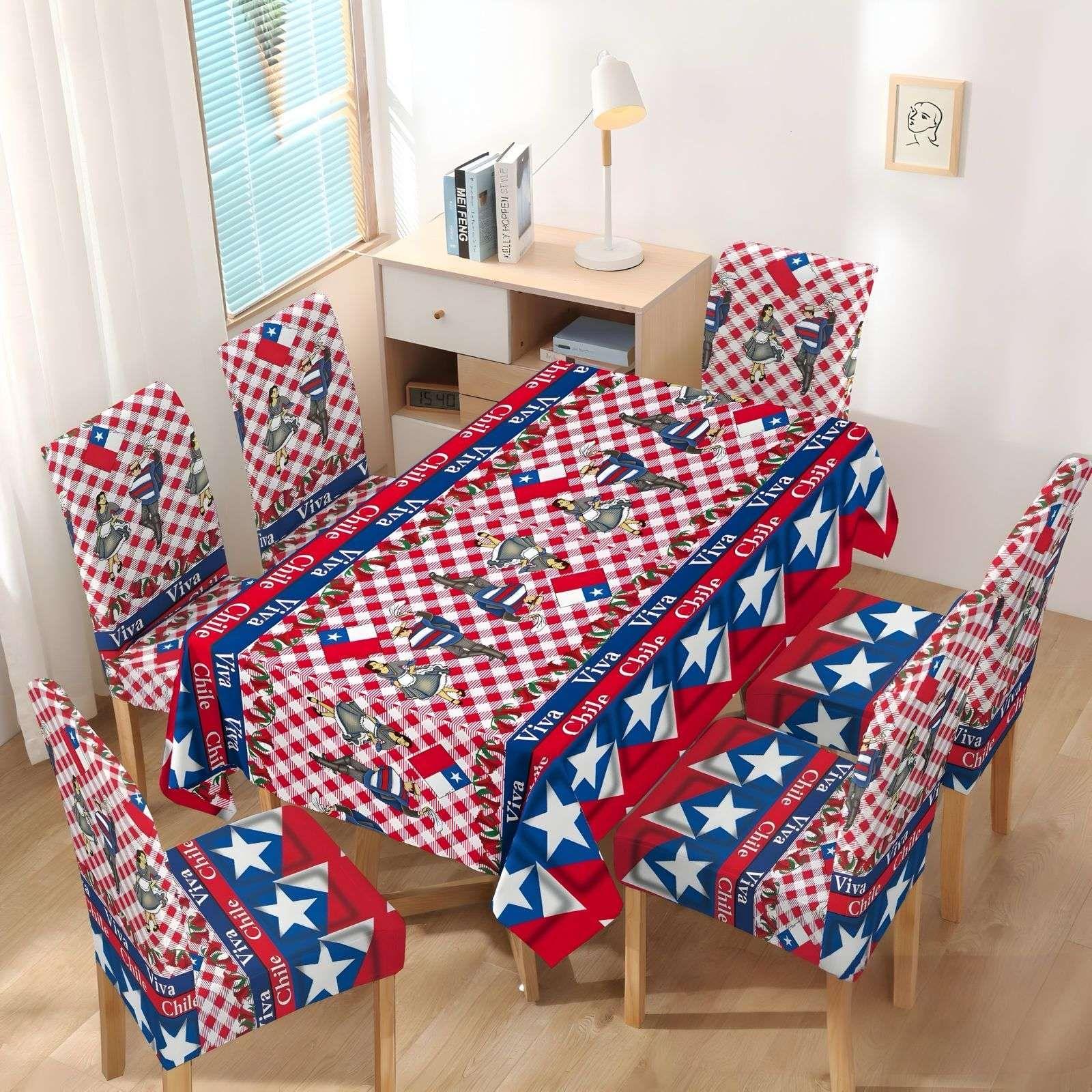 MANTEL FIESTAS PATRIAS DE TELA CON FUNDAS DE SILLAS ELASTICADAS M4-3