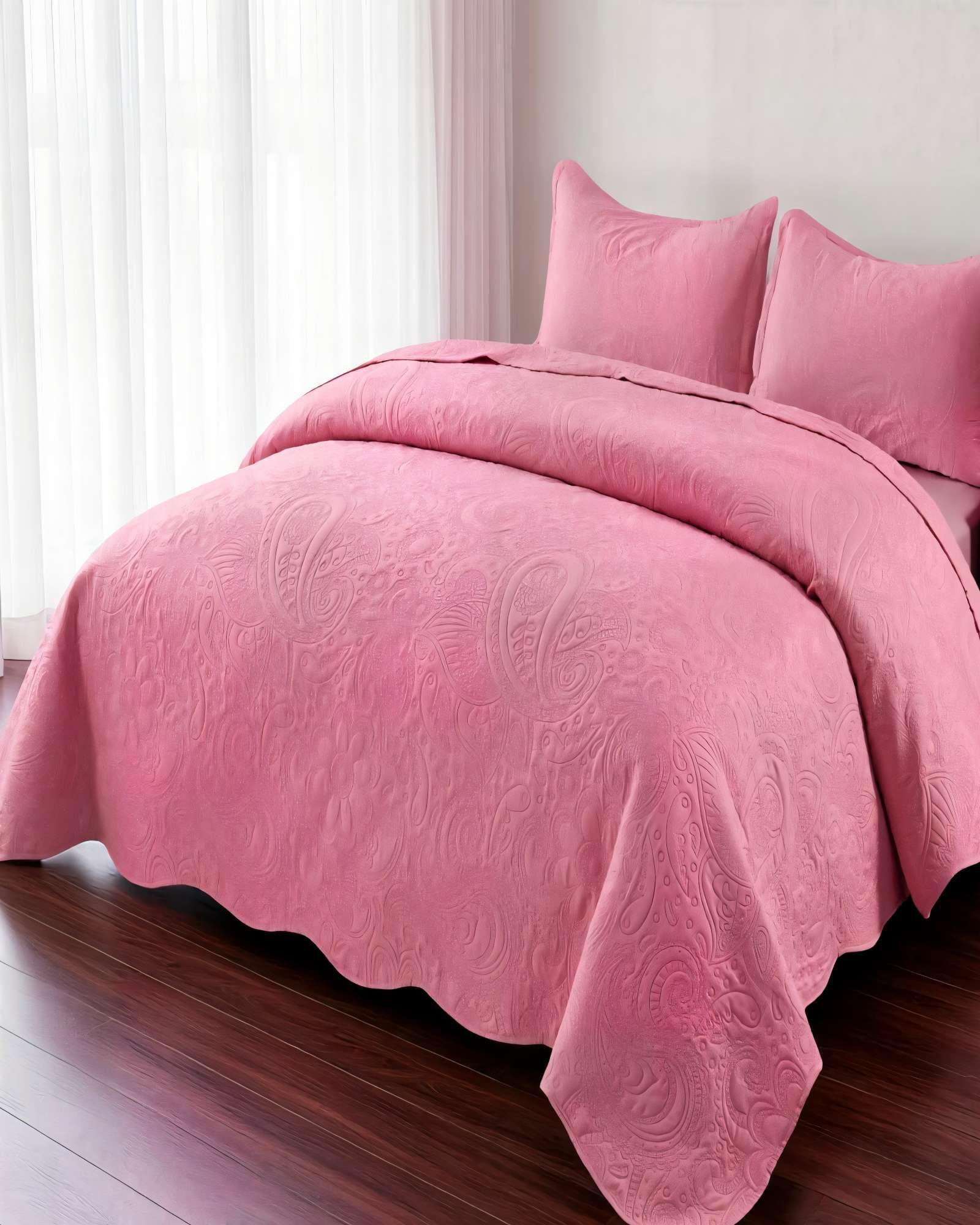 QUILT CUBRECAMA DE VERANO 1,5 PLAZAS CON RELIEVE COLOR ROSADO-3
