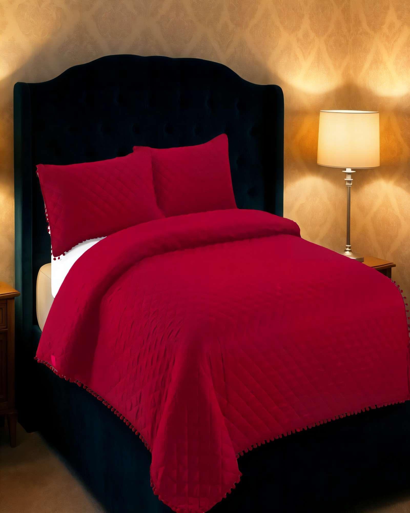 QUILT CUBRECAMA DE VERANO 1,5 PLAZAS CON POMPON COLOR BURDEO-3