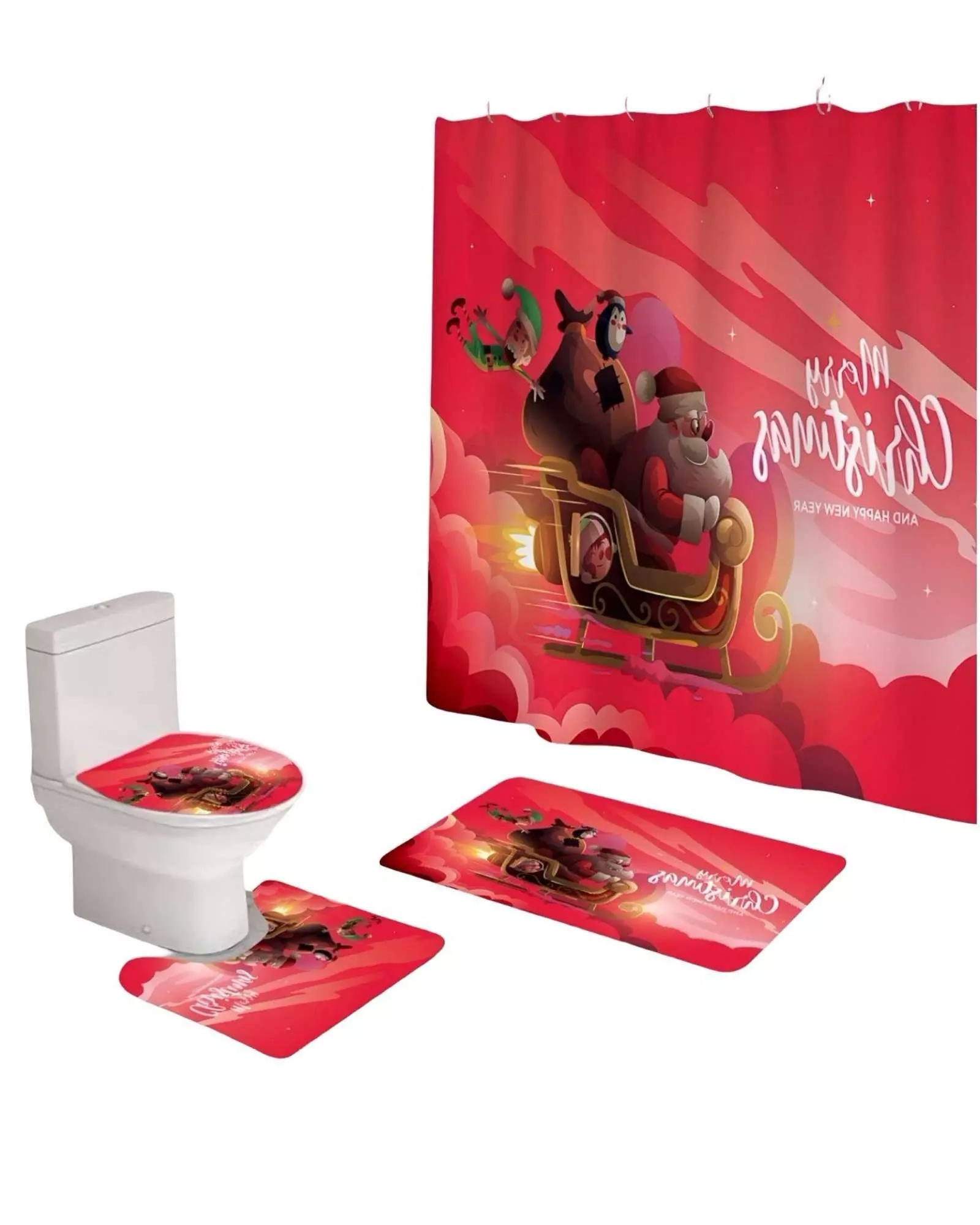 PACK 4 PIEZAS CORTINA DE BAÑO Y ALFOMBRAS DISEÑO NAVIDEÑO TF08-1