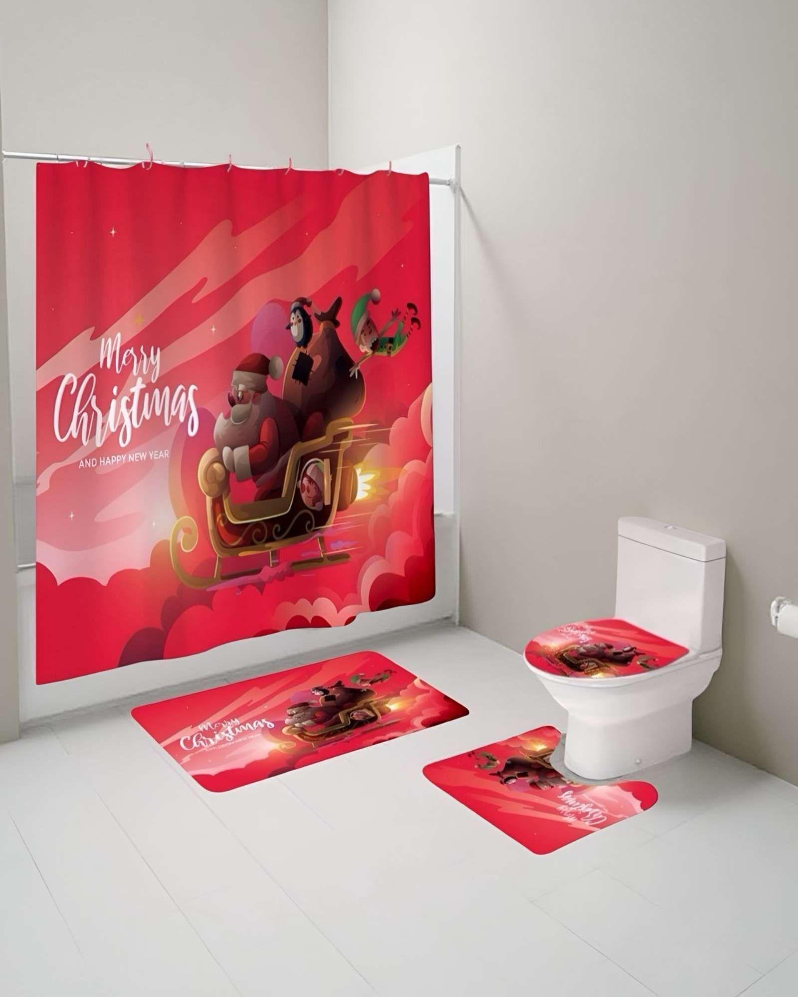 PACK 4 PIEZAS CORTINA DE BAÑO Y ALFOMBRAS DISEÑO NAVIDEÑO TF08-2