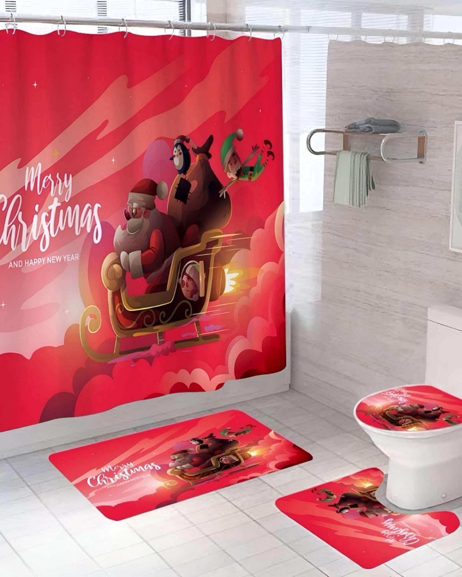 PACK 4 PIEZAS CORTINA DE BAÑO Y ALFOMBRAS DISEÑO NAVIDEÑO TF08-3