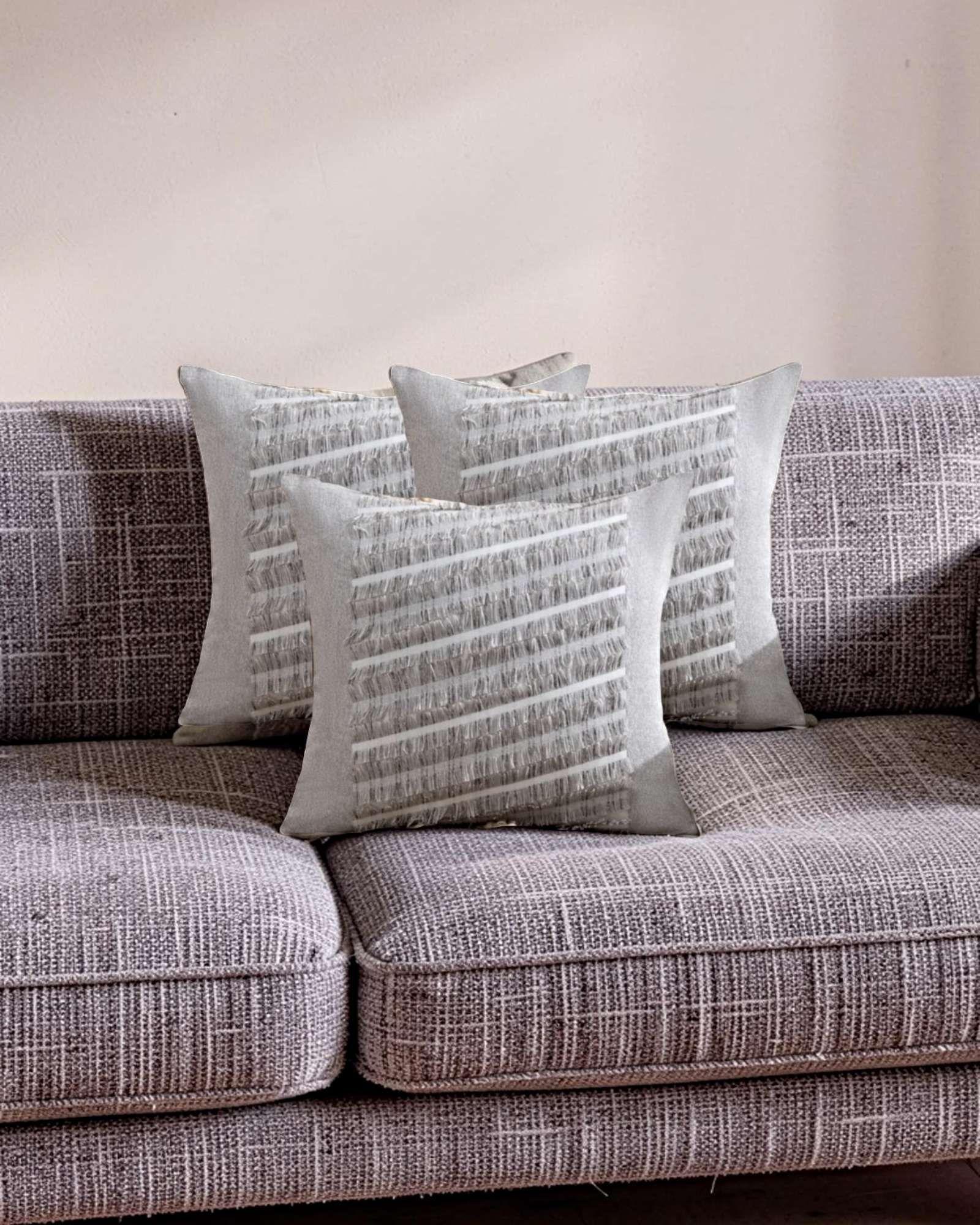 PACK DE 3 FUNDAS DE COJIN CHENILLE CON FLECOS GRIS CLARO-2