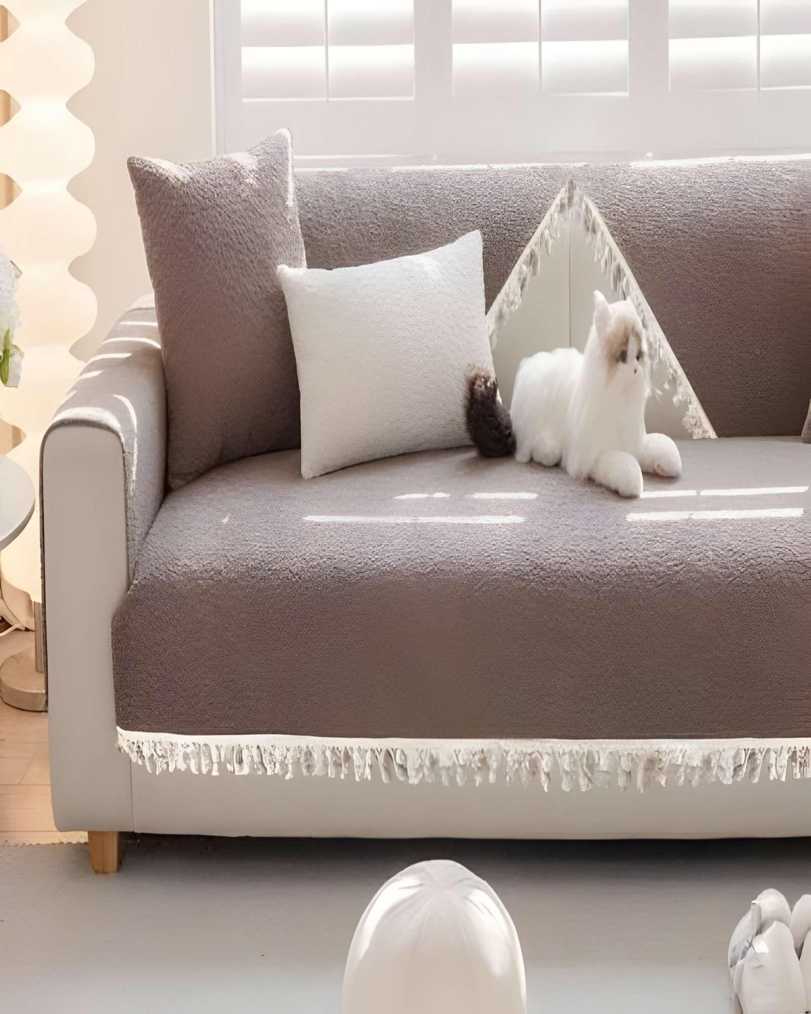 FUNDA DE SOFA DE 5 PIEZAS CON FLECOS CAFÉ-2