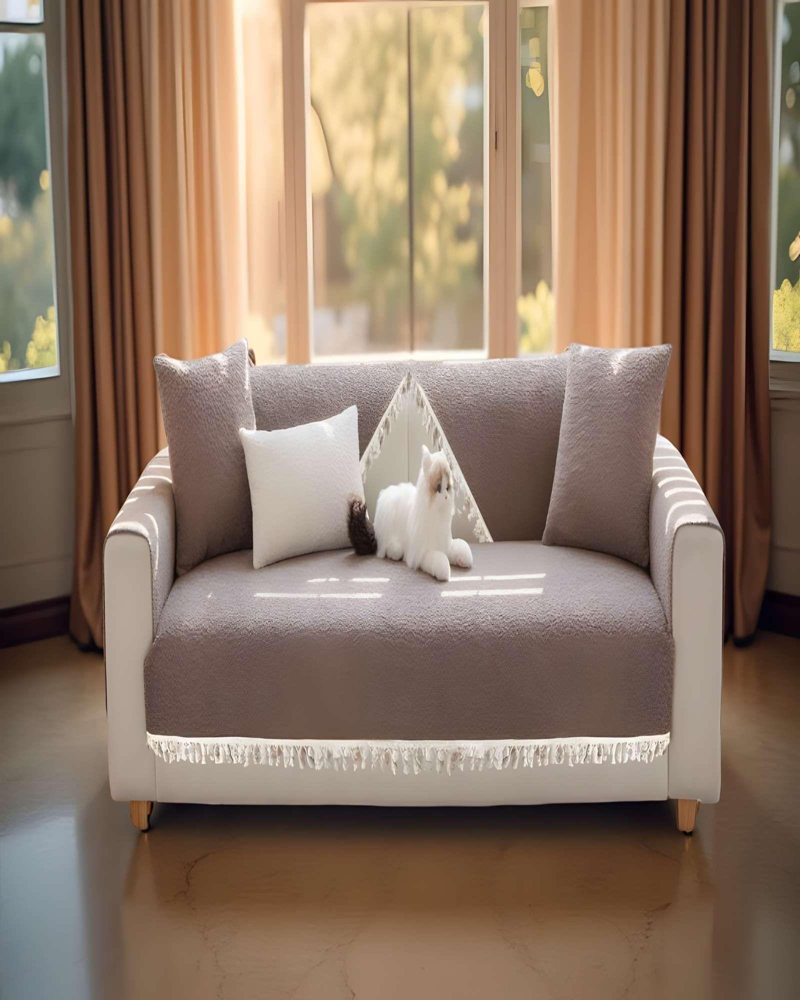 FUNDA DE SOFA DE 5 PIEZAS CON FLECOS CAFÉ-3