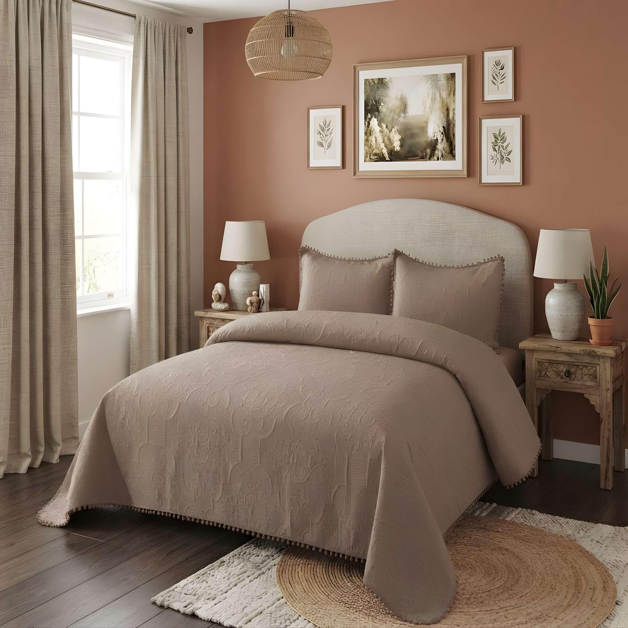 CUBRECAMA PREMIUM CON POMPONES KING COLOR MARRON-0
