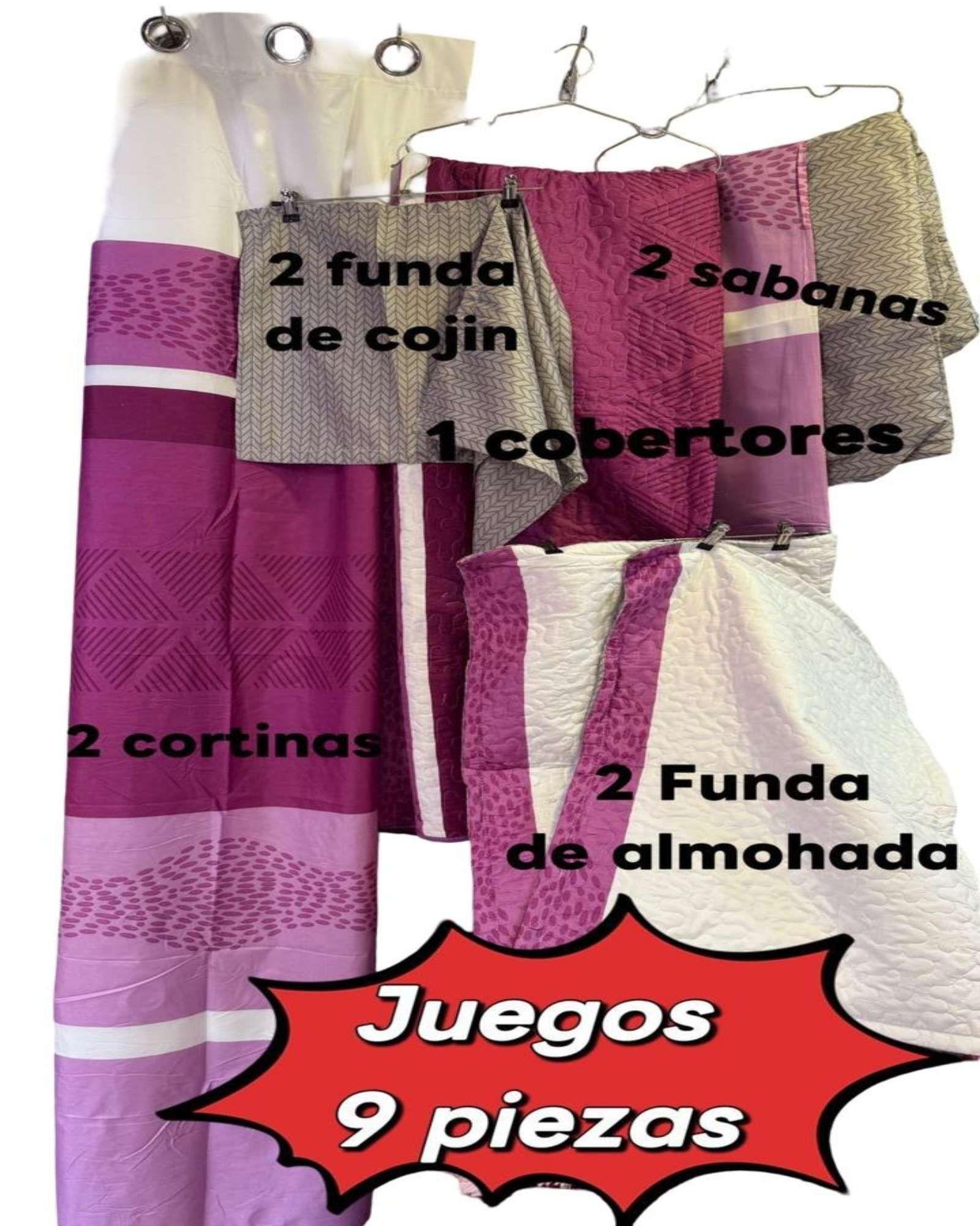 SET DE CAMA DE 9 PIEZAS INCLUYE CUBRECAMA MAS JUEGO DE SABANAS MAS CORTINAS 03-4