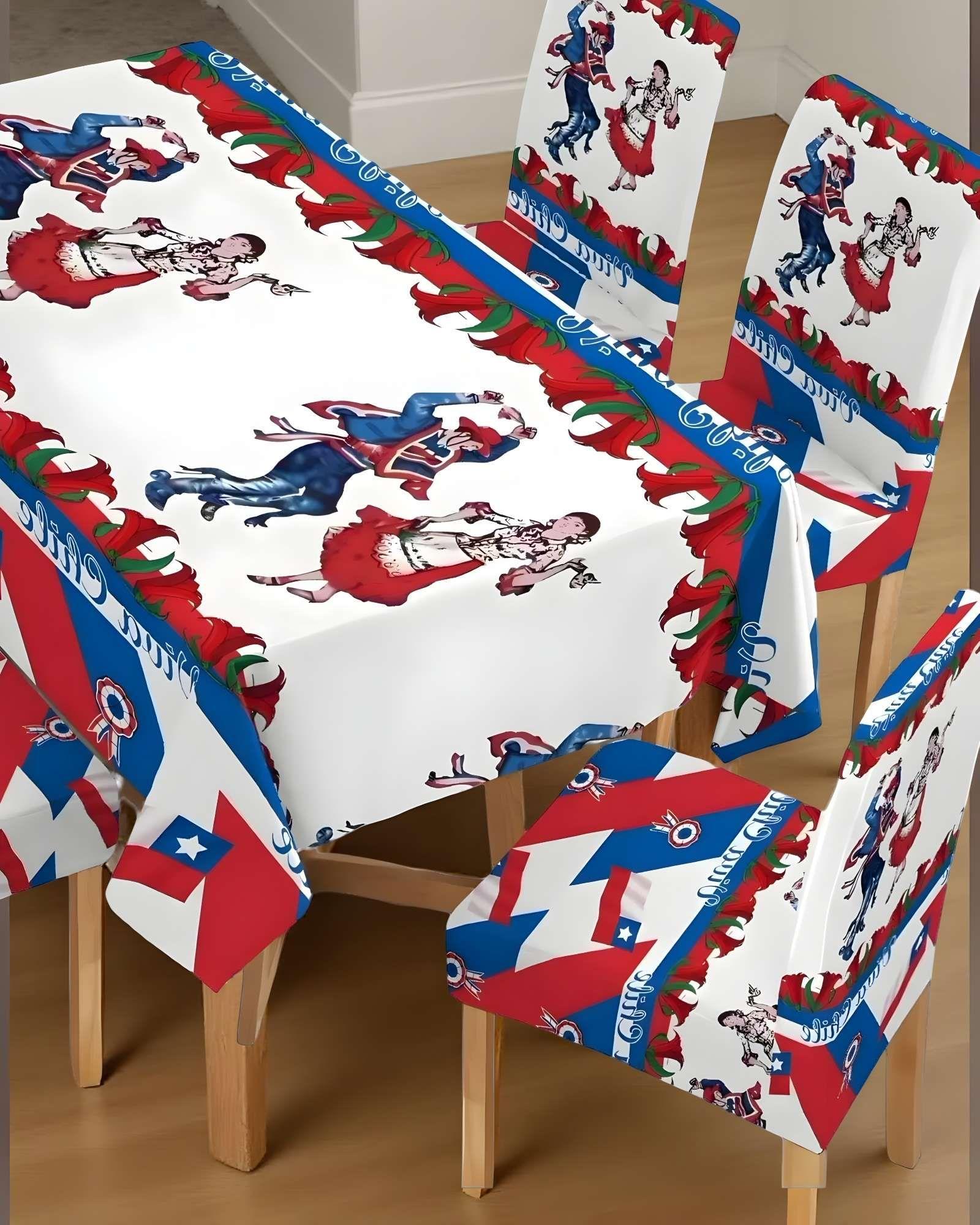 MANTEL FIESTAS PATRIAS DE TELA CON FUNDAS DE SILLAS ELASTICADAS M6-2