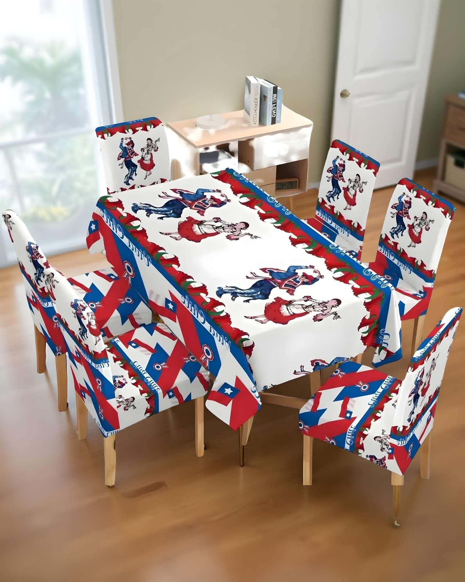 MANTEL FIESTAS PATRIAS DE TELA CON FUNDAS DE SILLAS ELASTICADAS M6-3