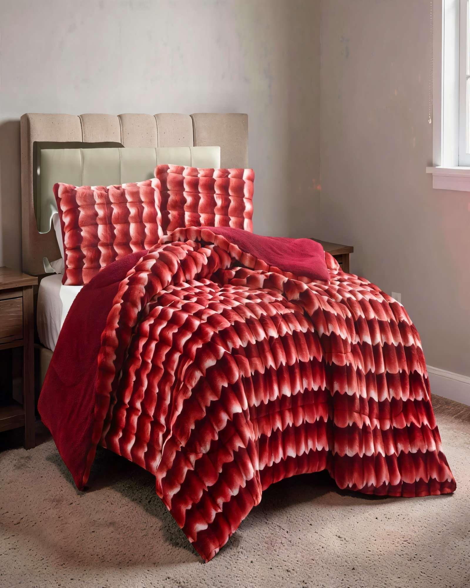 COBERTOR PIEL DE CONEJO IMITACION CON DISEÑO 2PLAZA COLOR BURDEO-2