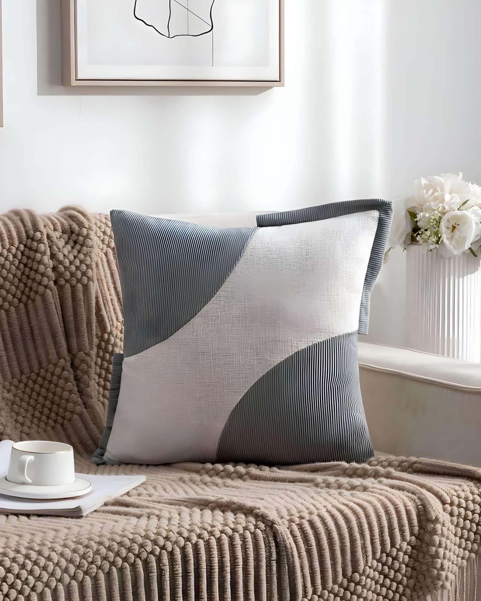 SET DE 4 FUNDAS DE COJINES DISEÑO TELA PANA EMPALMADO 45CM X 45 CM GRIS CLARO-3