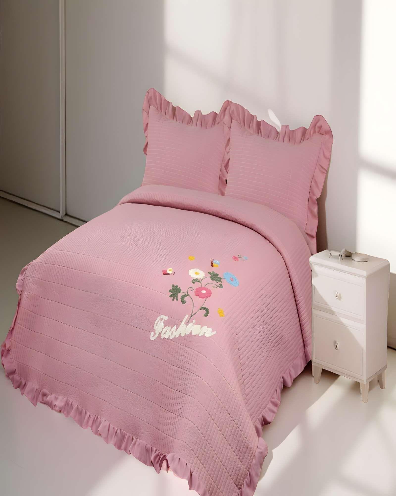 QUILT CUBRECAMA DE VERANO CON FLORES BORDADAS 2 PLAZAS ROSA O-2