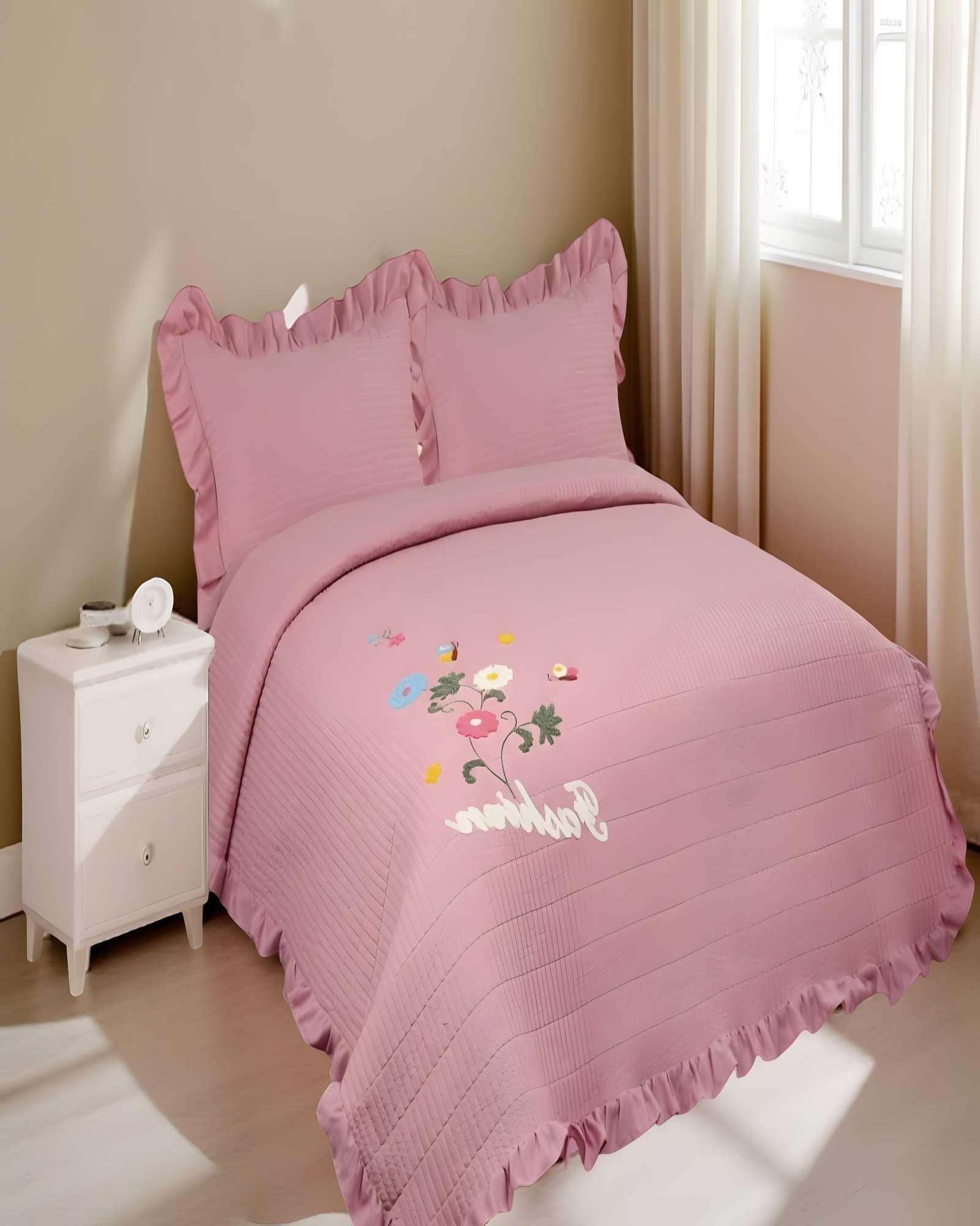 QUILT CUBRECAMA DE VERANO CON FLORES BORDADAS 2 PLAZAS ROSA O-3
